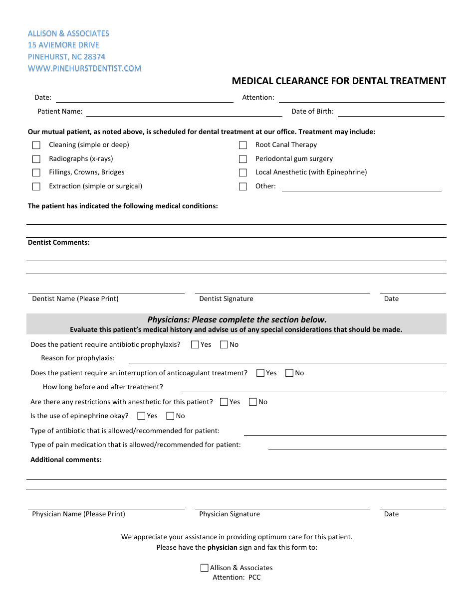 Dental Clearance Form Template