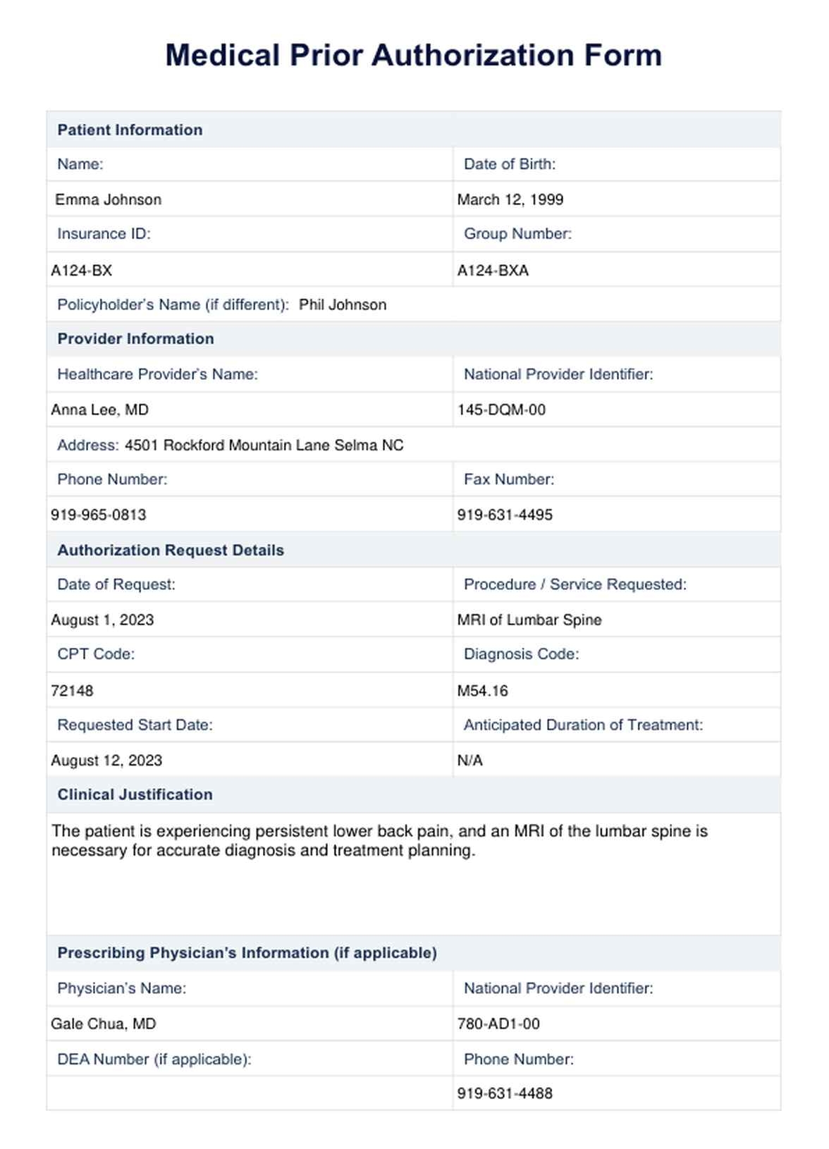 Medical Prior Authorization Form U0026 Example Free PDF Download
