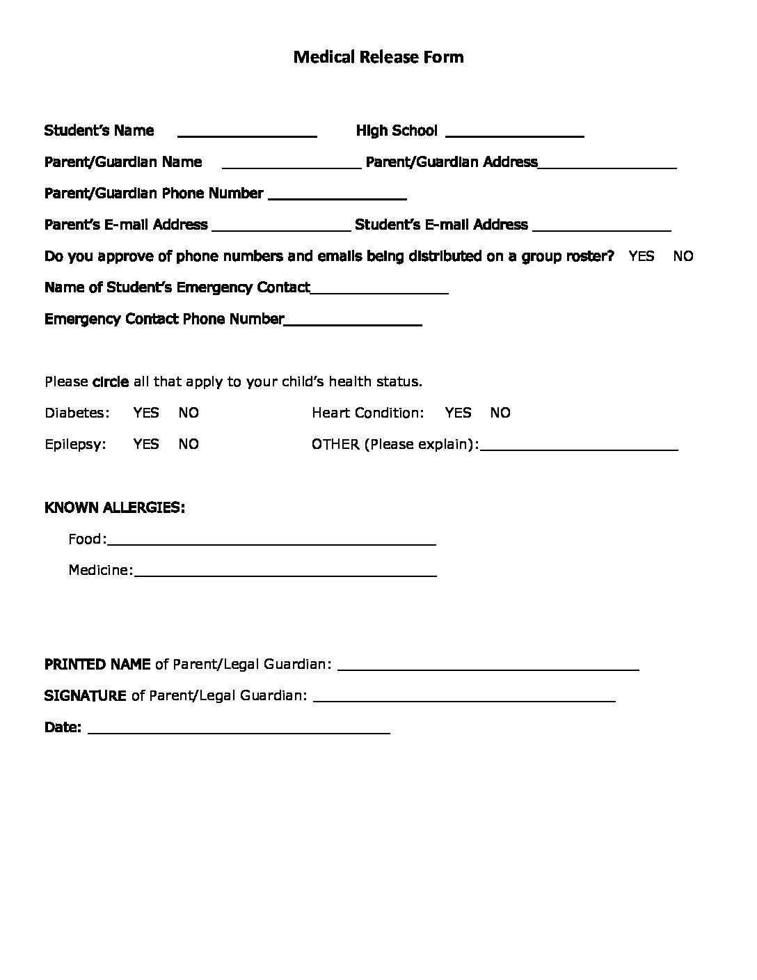 Medical Form Release Template