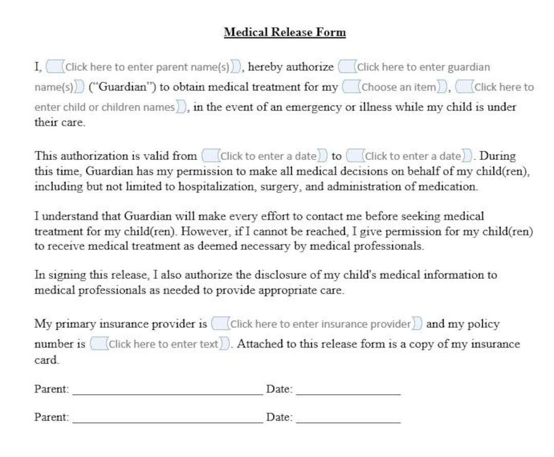Medical Release Form Template Temporary Release Of Medical Authorization Health Provider Insurance Etsy