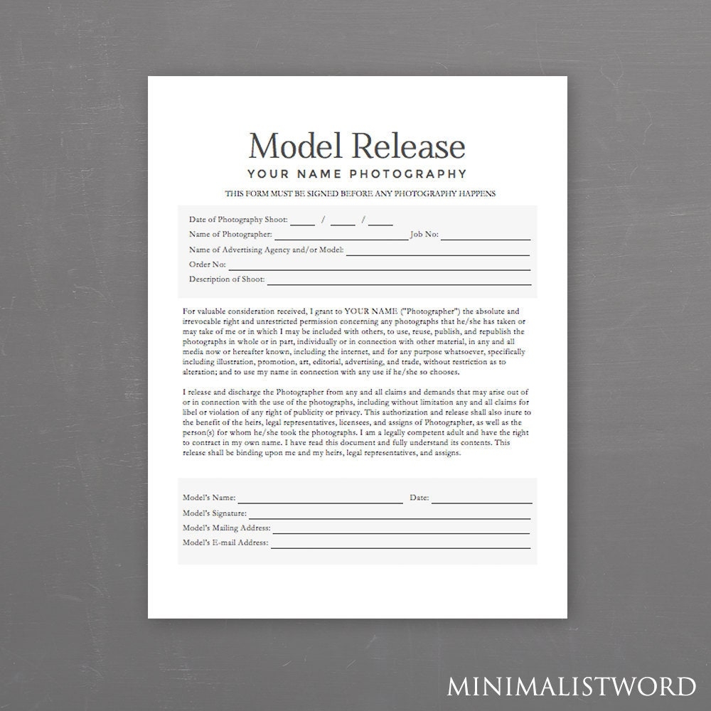 Model Release Form Photography Template For Photographers MS Word instant Download Etsy