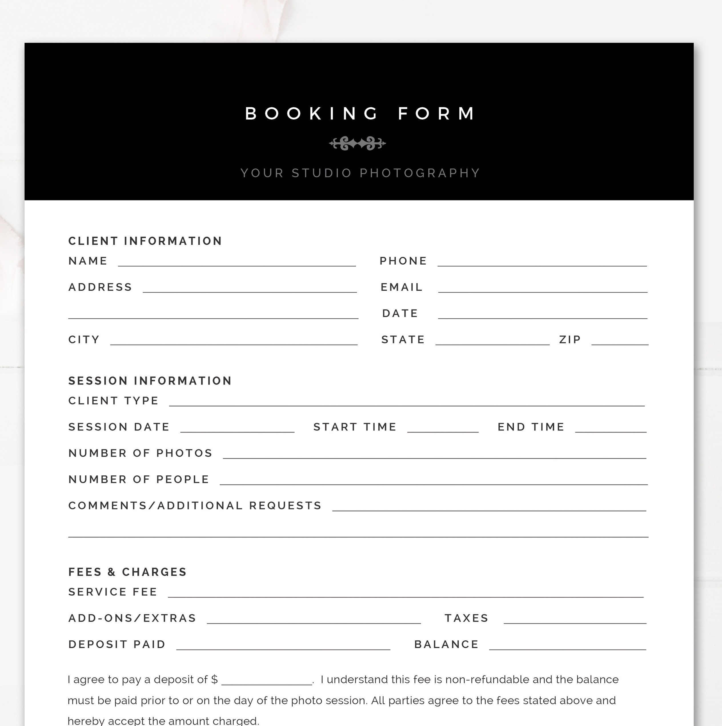 Modern Black U0026 White Booking Form Template Printable Photography Booking Form For Photoshop And MS Word INSTANT DOWNLOAD Etsy