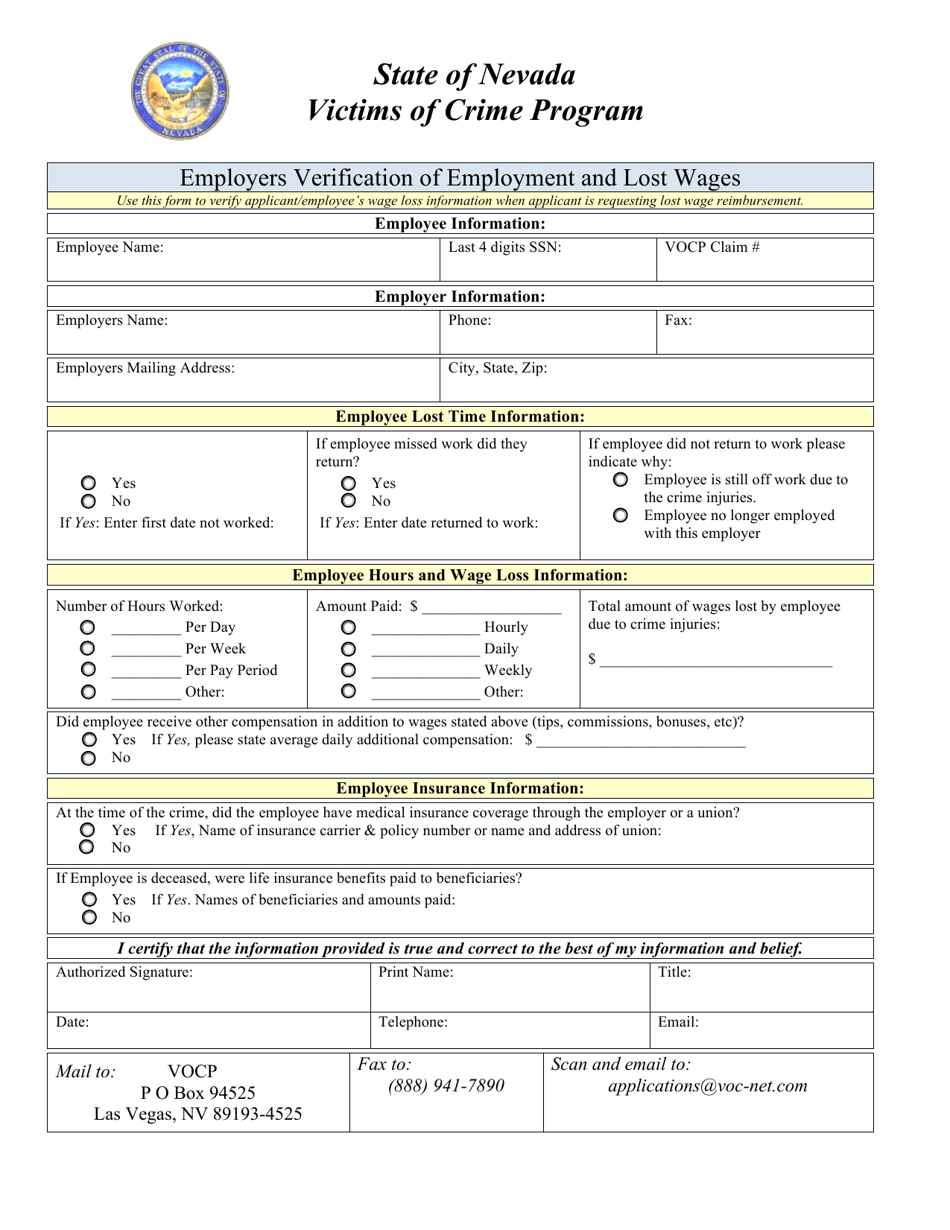 Nevada Employers Verification Of Employment And Lost Wages Fill Out Sign Online And Download PDF Templateroller