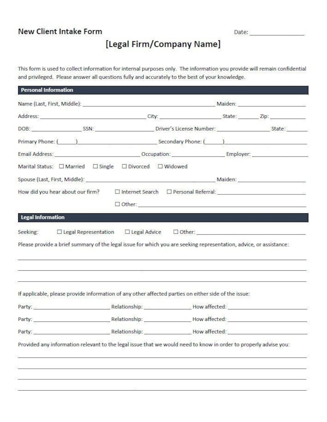 Intake Form Template Word