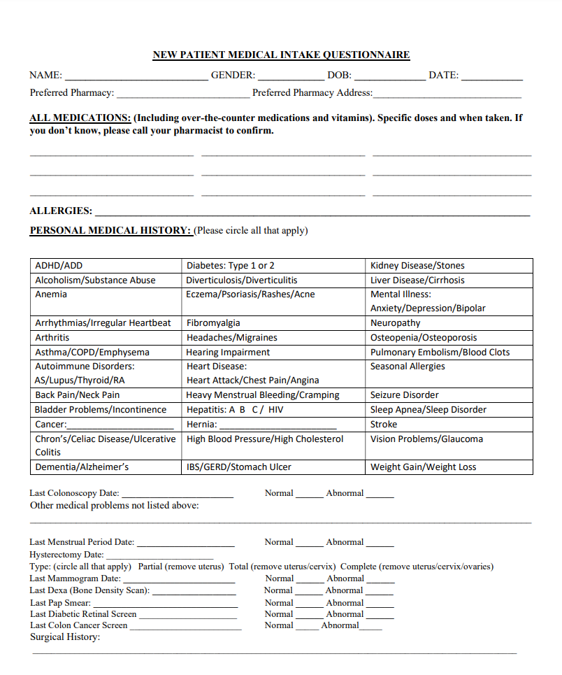 New Patient Forms Templates