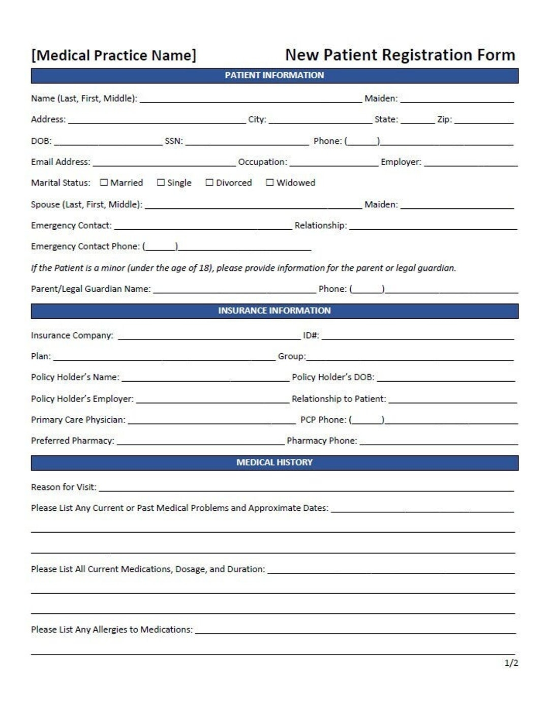 New Patient Registration Form Template word Editable Printable Etsy Canada