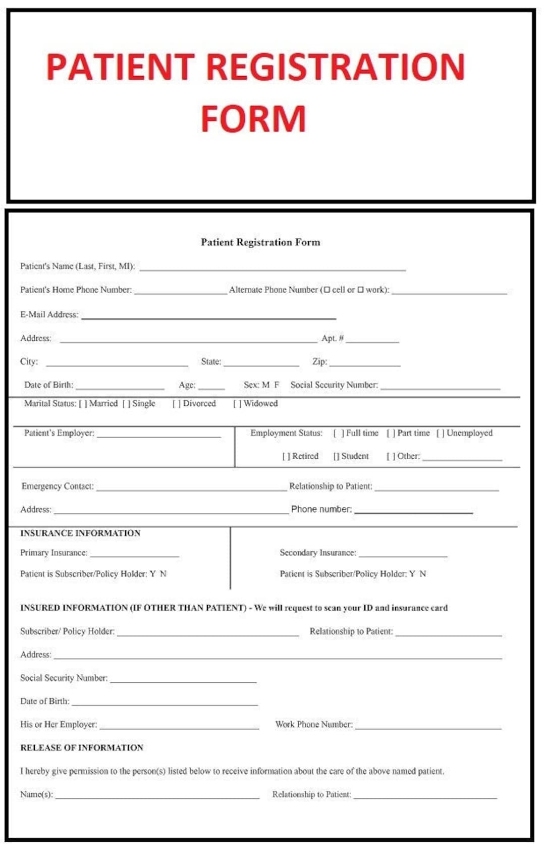 New Patient Registration Patient Intake Patient Information Health History Insurance And Claims Payment Authorization Form PDF File Etsy