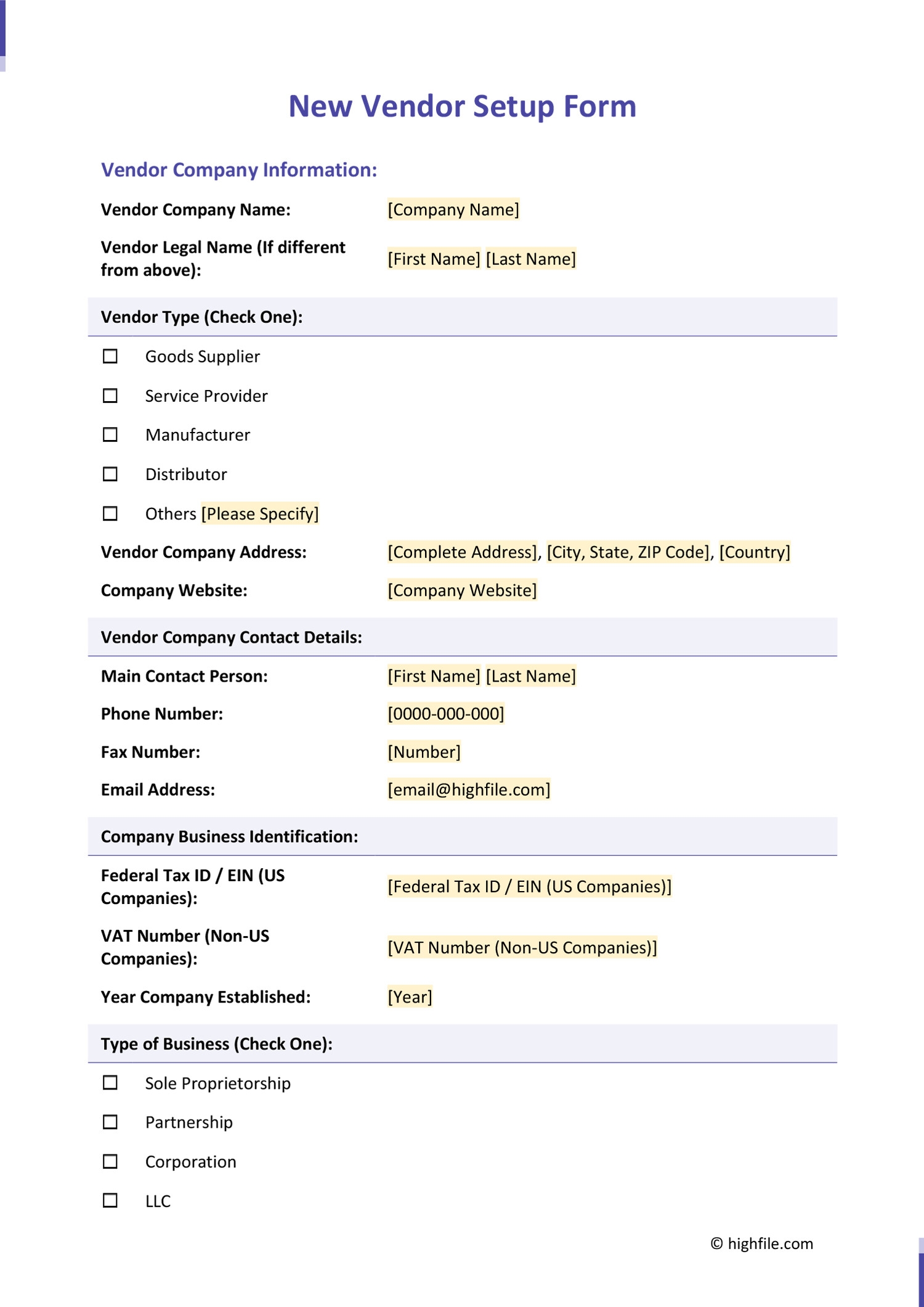New Vendor Setup Form Word PDF Google Docs Highfile