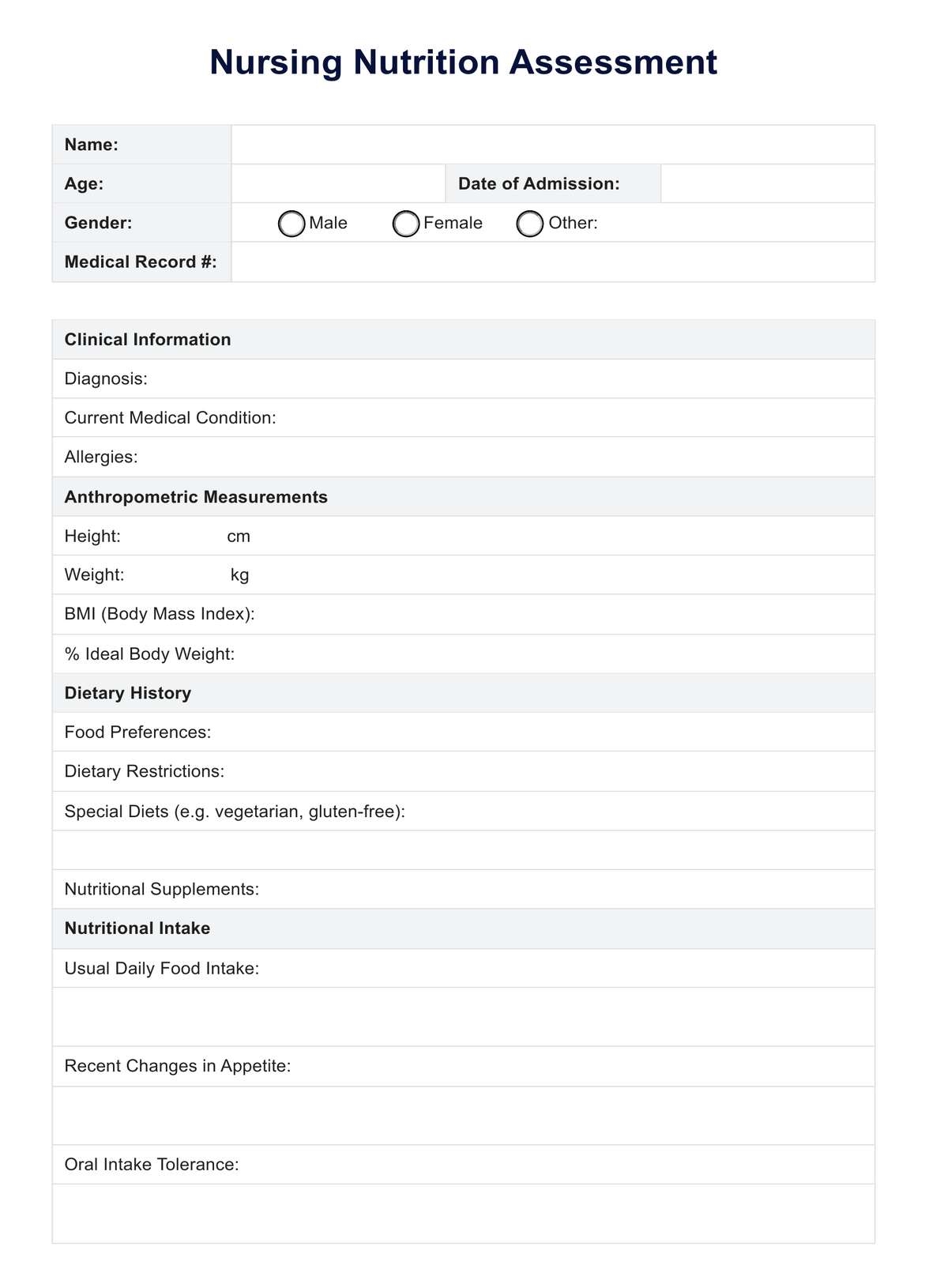 Nursing Nutrition Assessment U0026 Example Free PDF Download