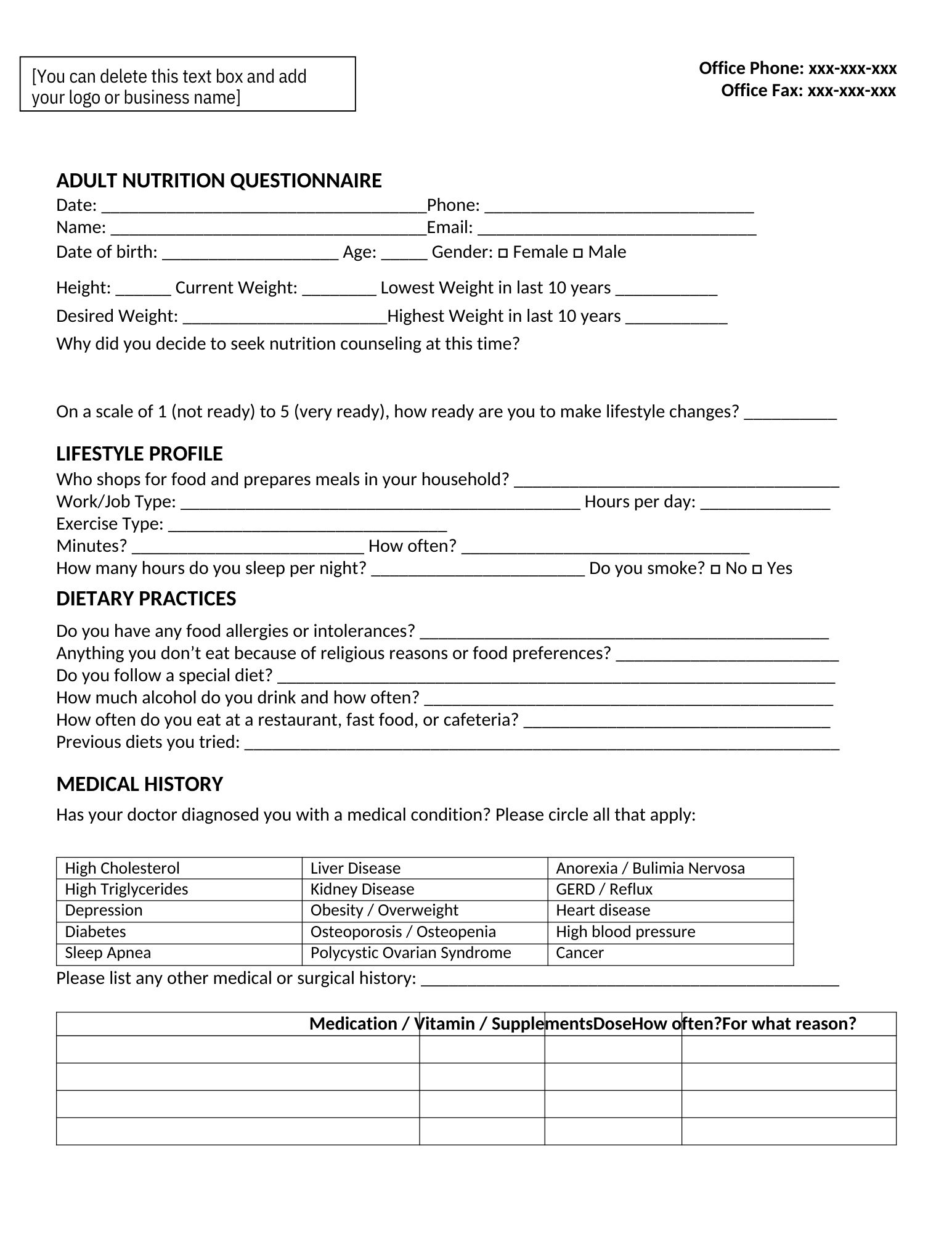 Nutrition Assessment Form Adult One On One Counseling 