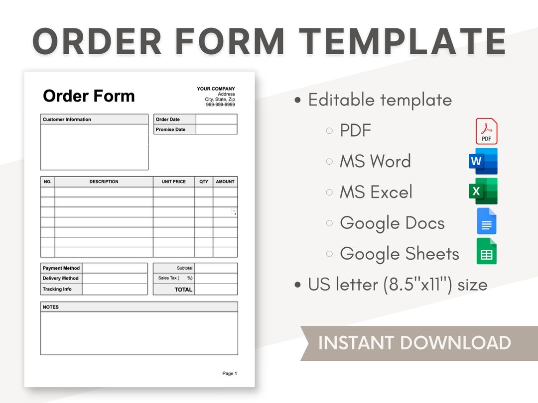 Order Form Template Editable Pdf word excel google Docs google Sheets Template Custom Order Form Printable Form Etsy