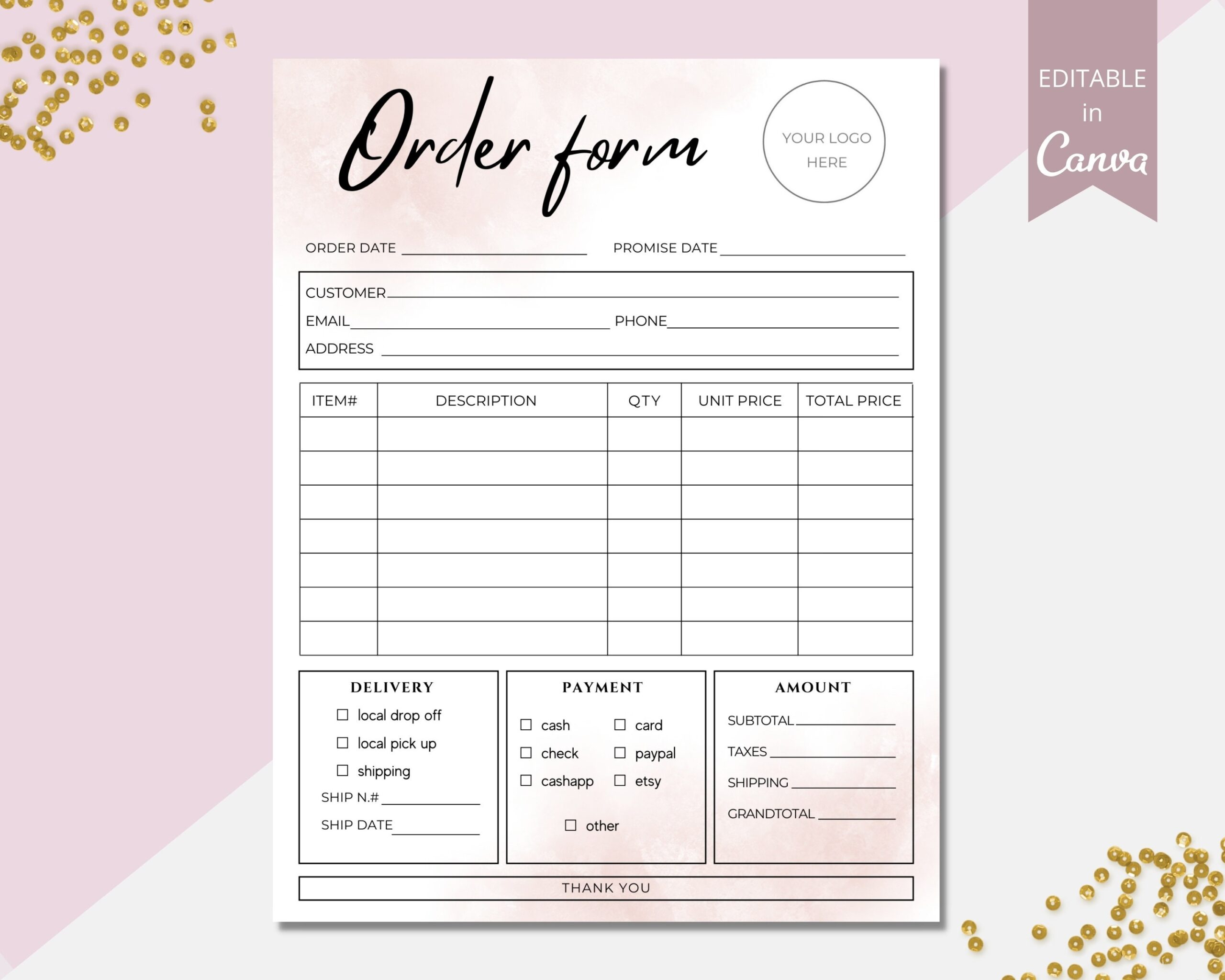 Order Form Template Editable Small Business Order Forms Customer Order Form Printable Purchase Order Form Canva Template DTP 004 Etsy UK