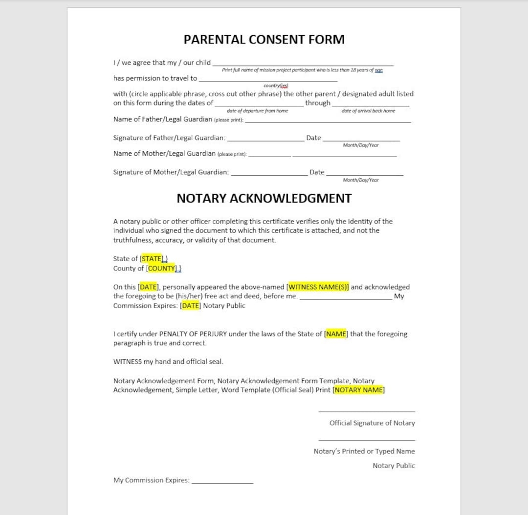 Parental Consent Form Template Parental Consent Form Permission To Travel Template Notary Acknowledgement Simple Letter Word Template Etsy