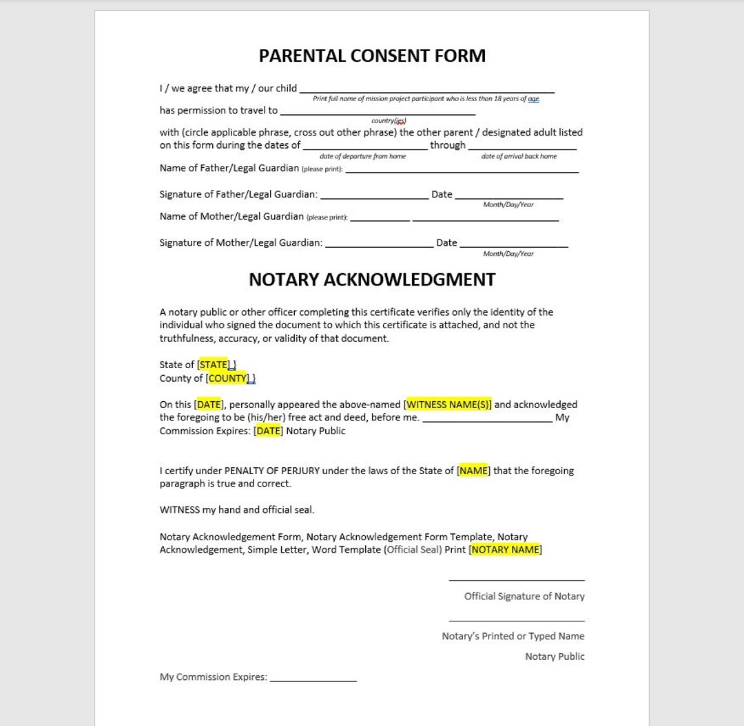 Parental Consent Form Template Parental Consent Form Permission To Travel Template Notary Acknowledgement Simple Letter Word Template Etsy
