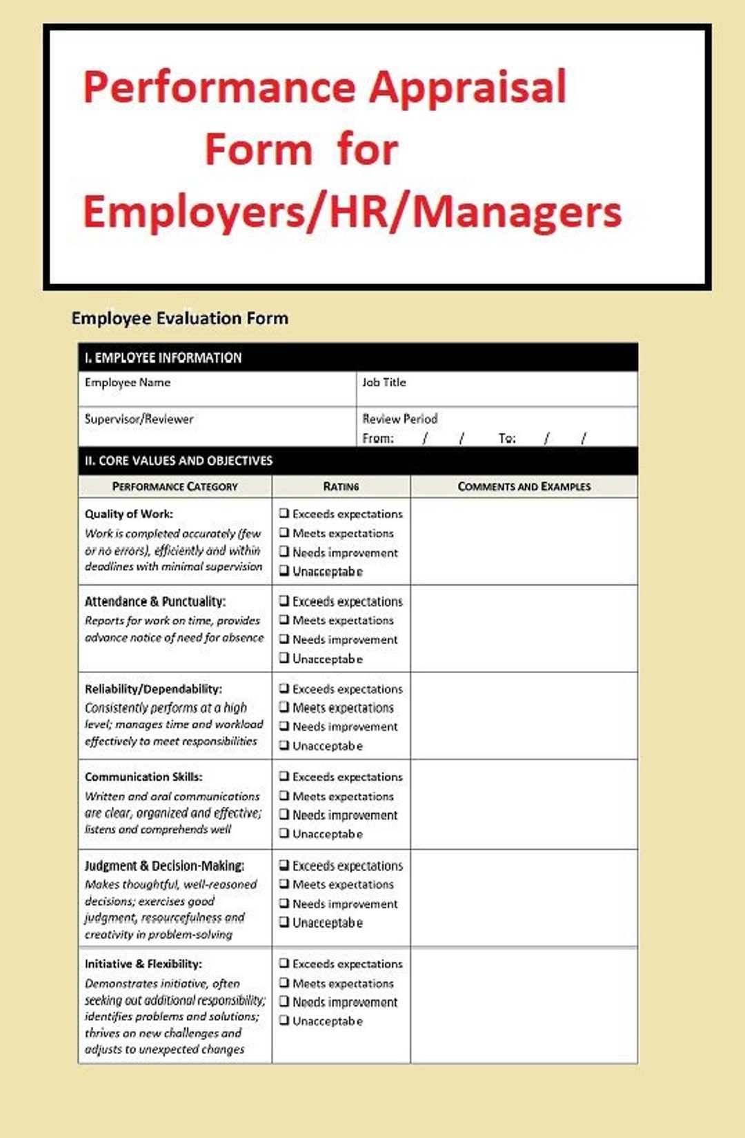 Performance Appraisal Form In Editable PDF Template Employee Performance Appraisal Employee Evaluation Form Instant Download File Etsy
