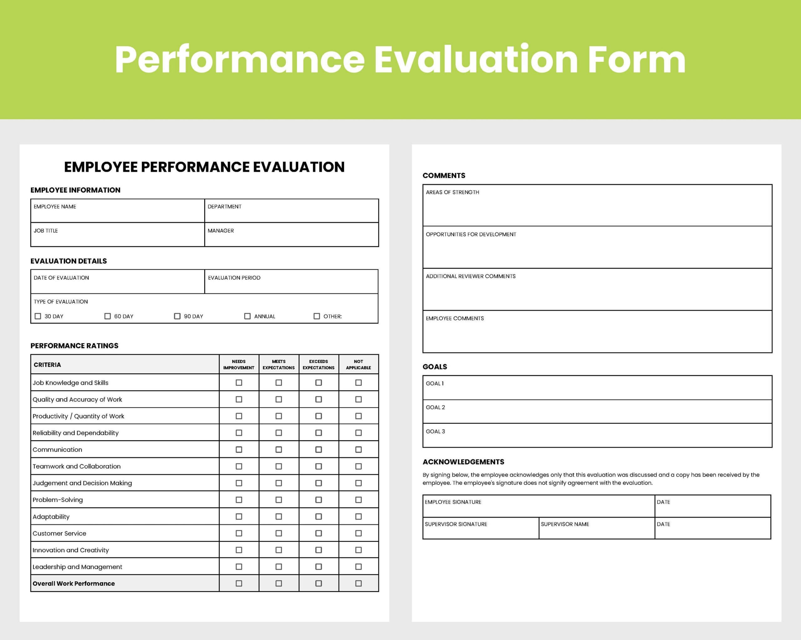 Performance Evaluation Form Performance Review Form Google Doc 