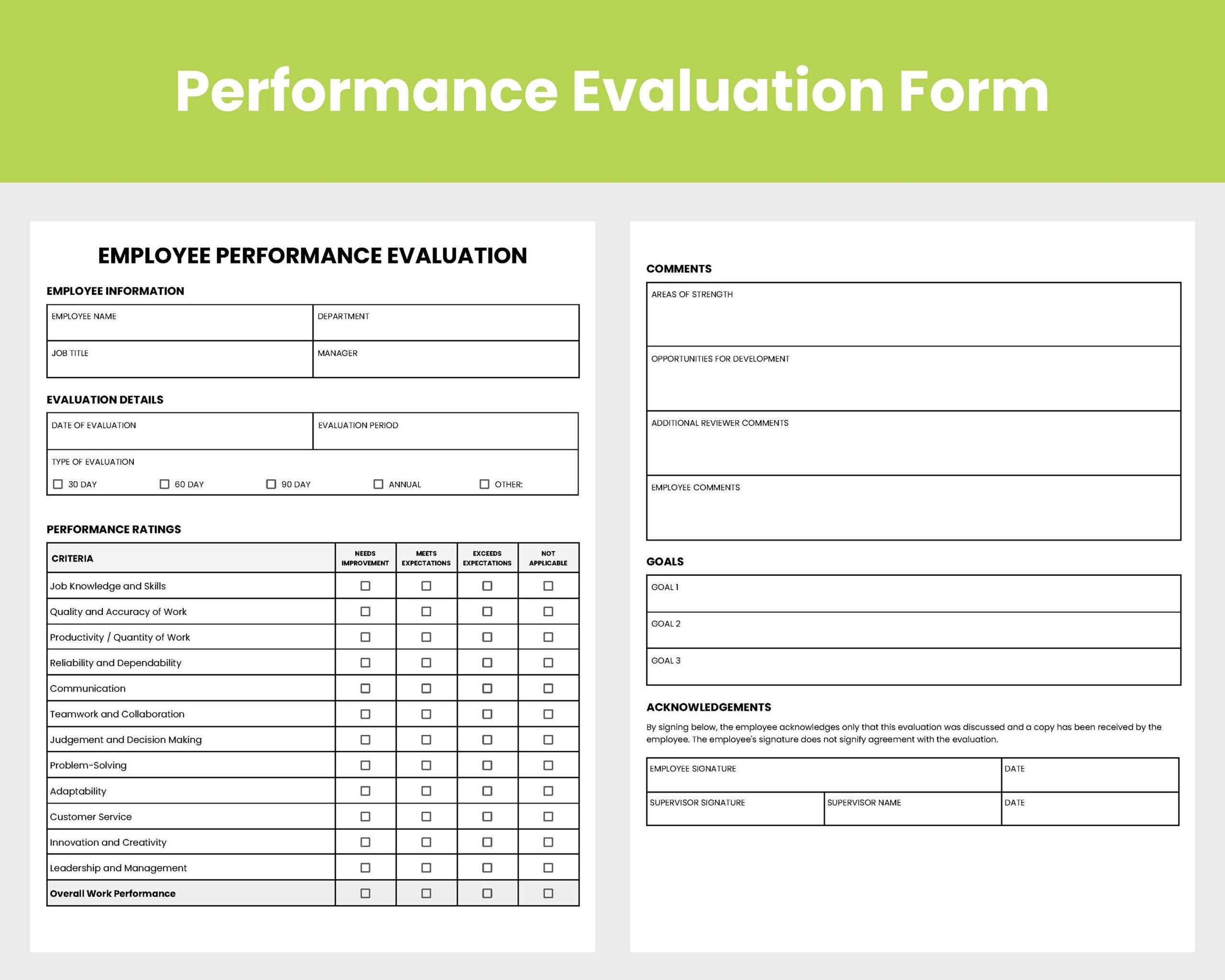 Performance Evaluation Form Performance Review Form Google Doc Template Etsy