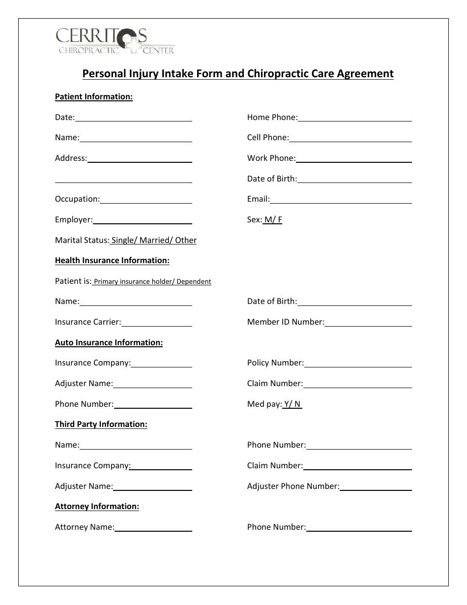 Personal Injury Intake Form And Chiropractic Care Agreement Cerritos Fill Out Sign Online And Download PDF Templateroller