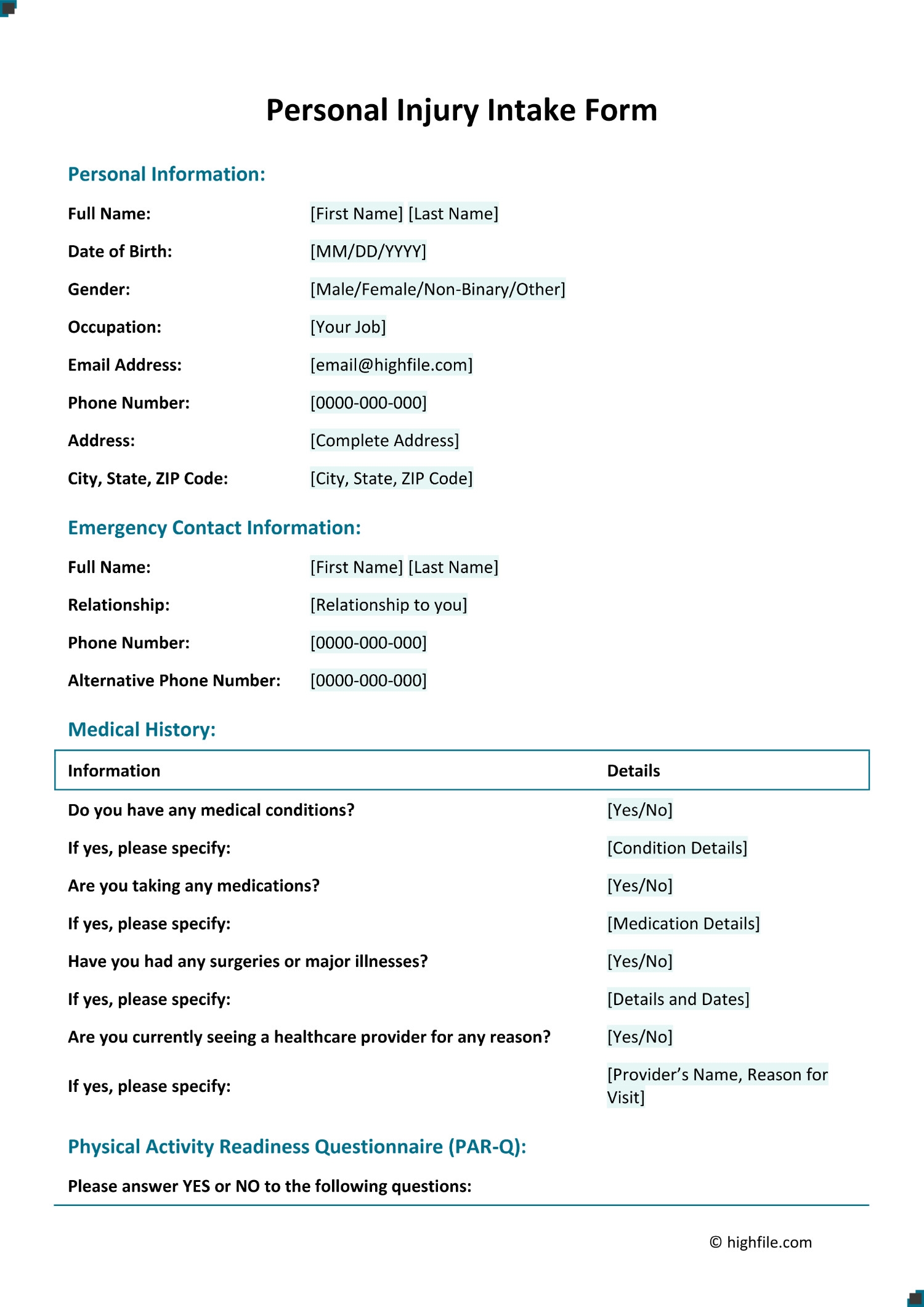 Personal Injury Intake Form Word Google Docs Highfile