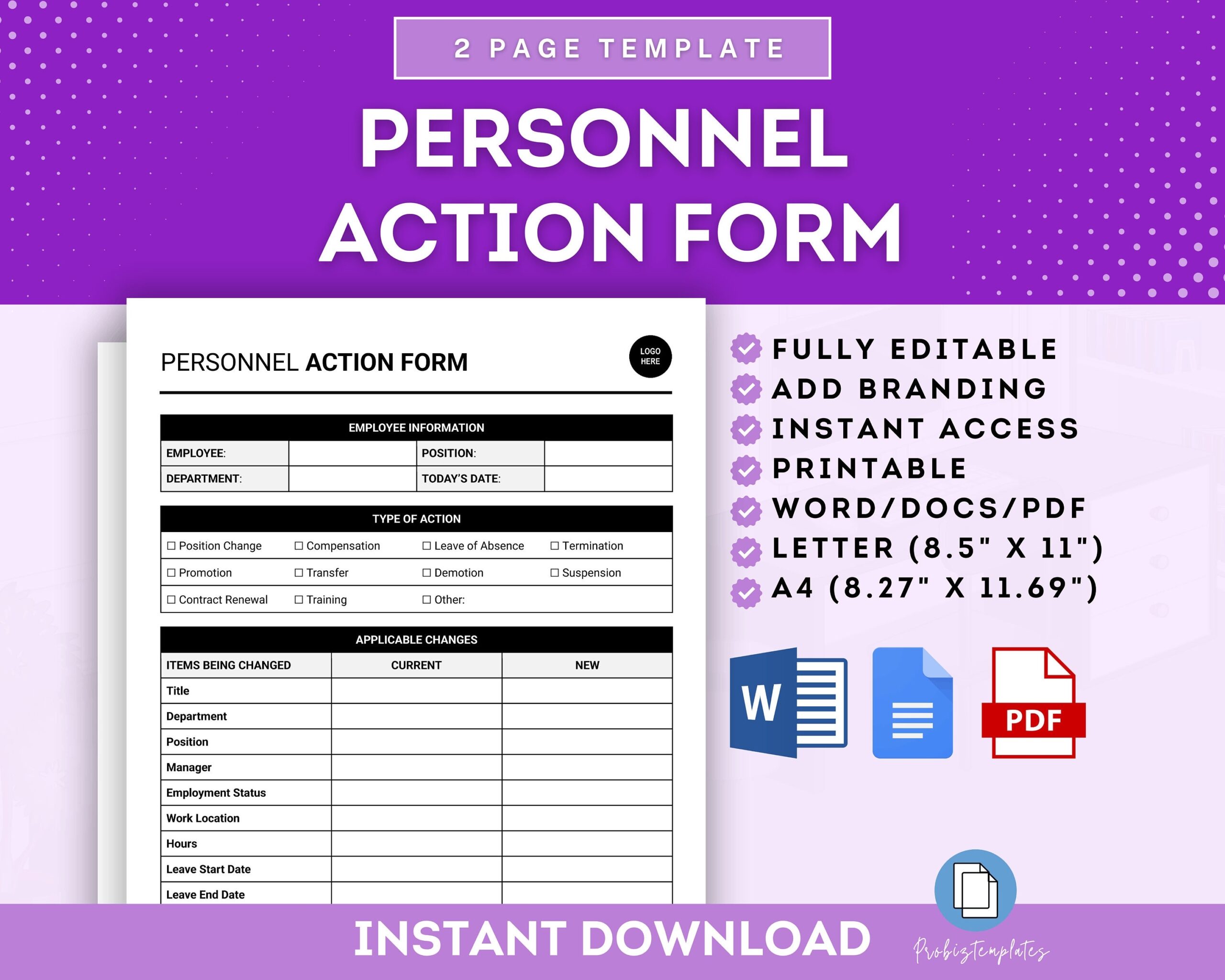 Personnel Action Form Template HR Personnel Update Form Workforce Status Change Form Employee Compensation Adjustment Form Template Etsy