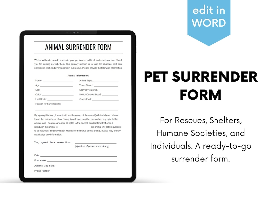 Pet Dog Cat Surrender Form contract For Shelters Rescues And Individuals Etsy