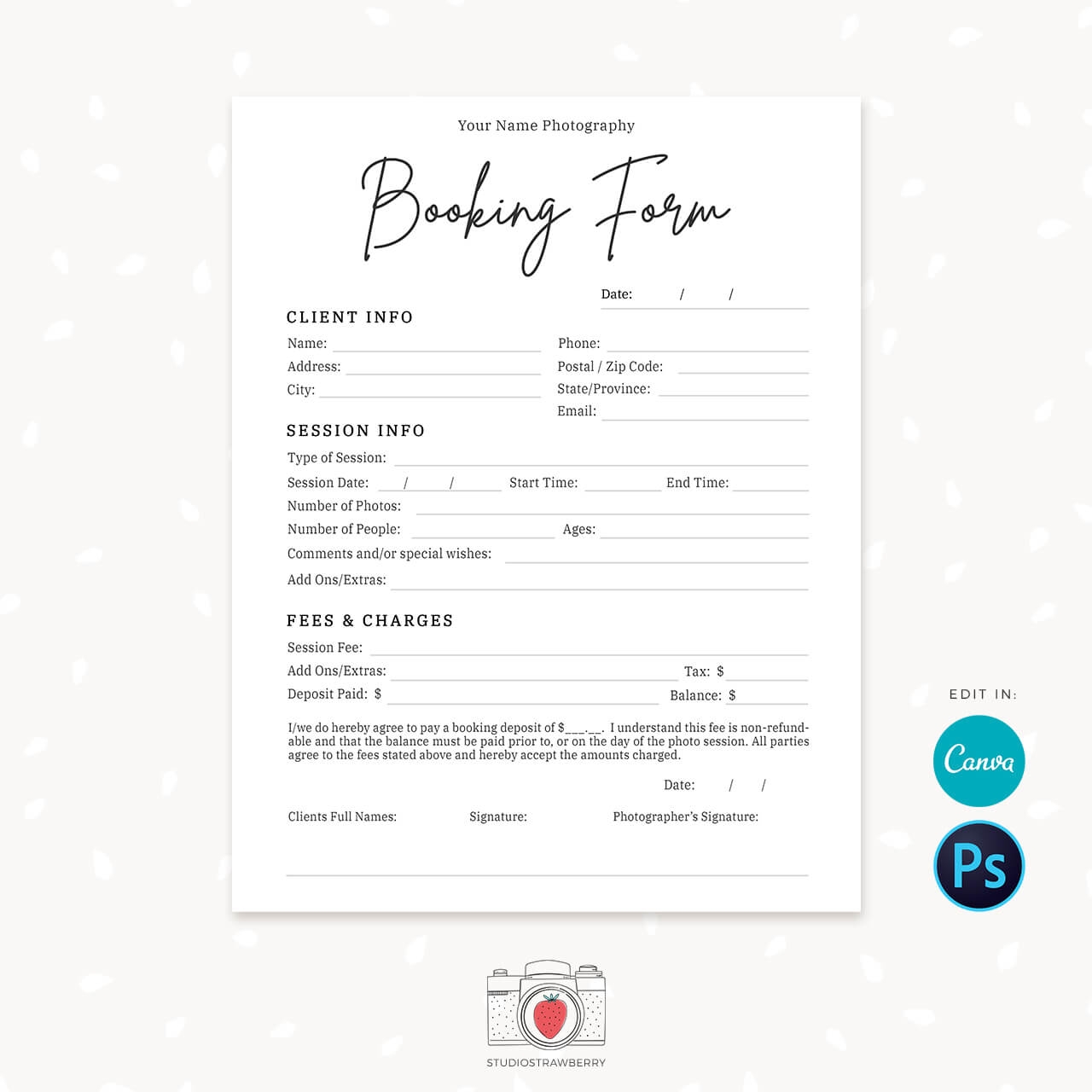 Photography Booking Form Template For Canva U0026 Photoshop Strawberry Kit