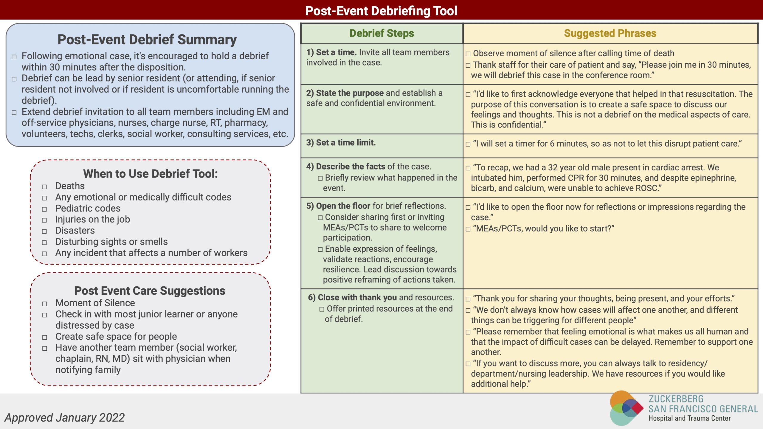 Post Event Debrief Tool UCSF