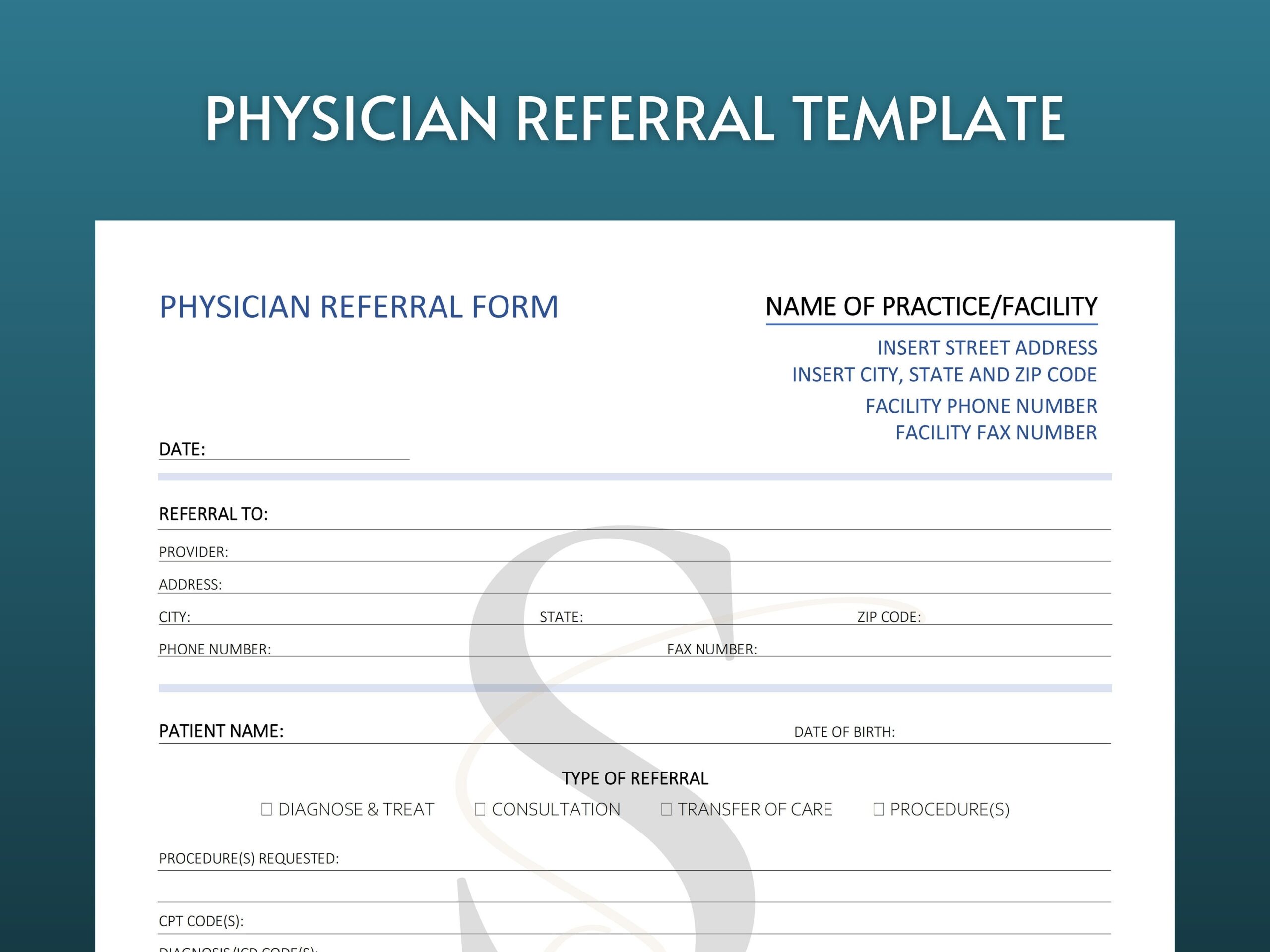 Printable Doctor Referral Form Digital Download Physician Referral Form Template Patient Referral Specialist Referral Doctor Referral Form