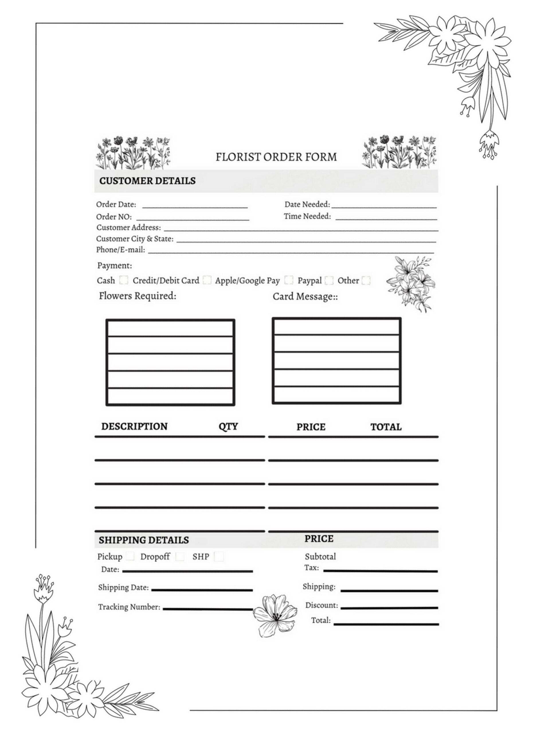 Printable Florist Order Form Flowers Order Form Template Florist Business Order Sheet Etsy