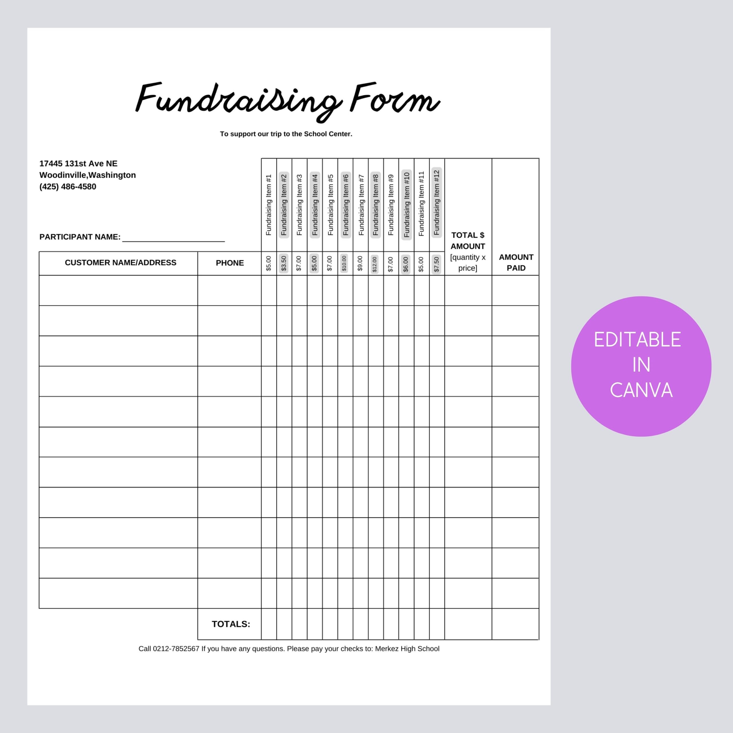 Printable Fundraising Form Order Tracking Page Canva Template 12 Item Columns With Prices 11 Customer Rows custom zable Etsy