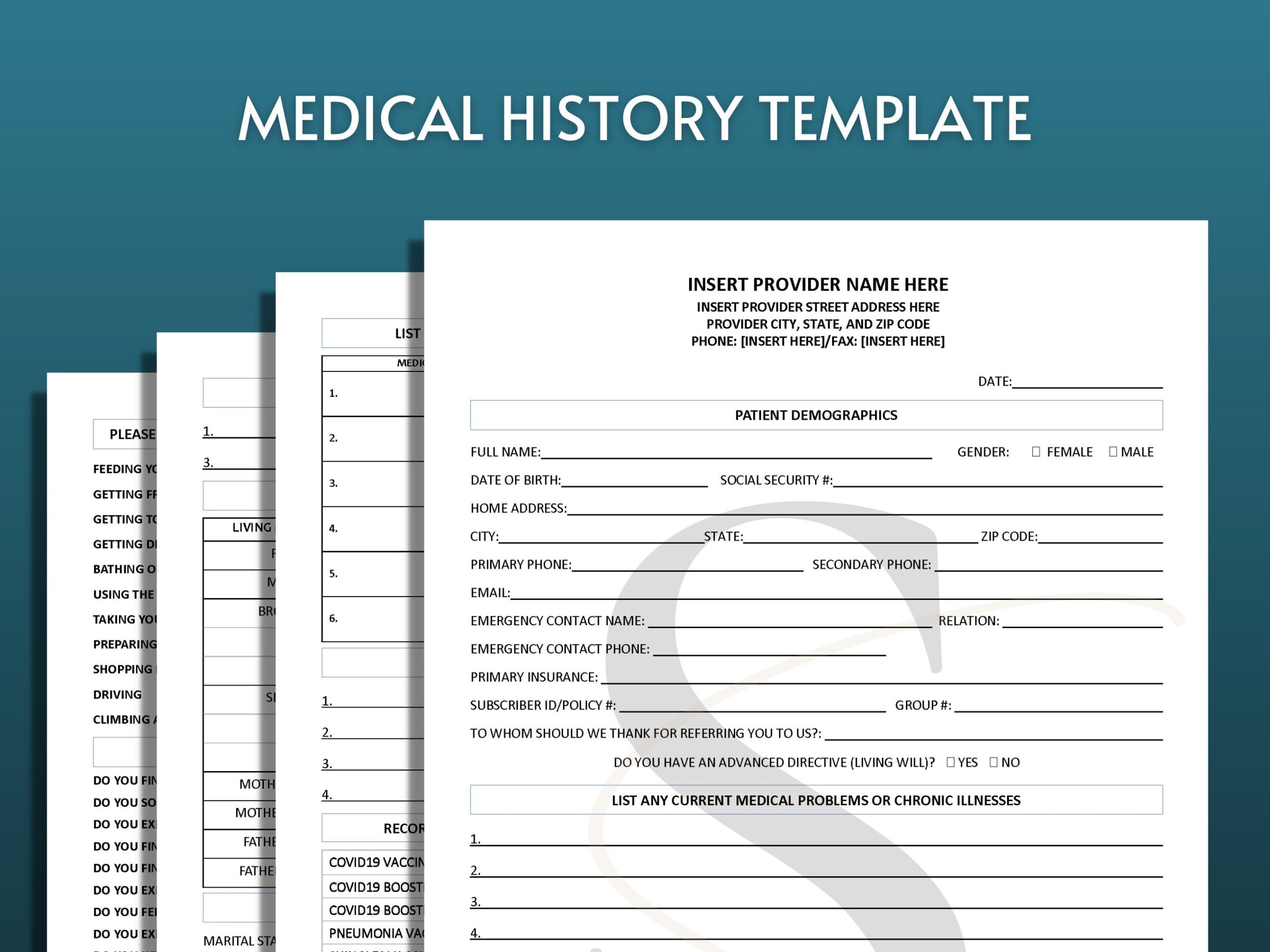 Printable Medical History Template Patient Intake Medical Forms Health History Instant Download Editable Printable Business Template Etsy Canada