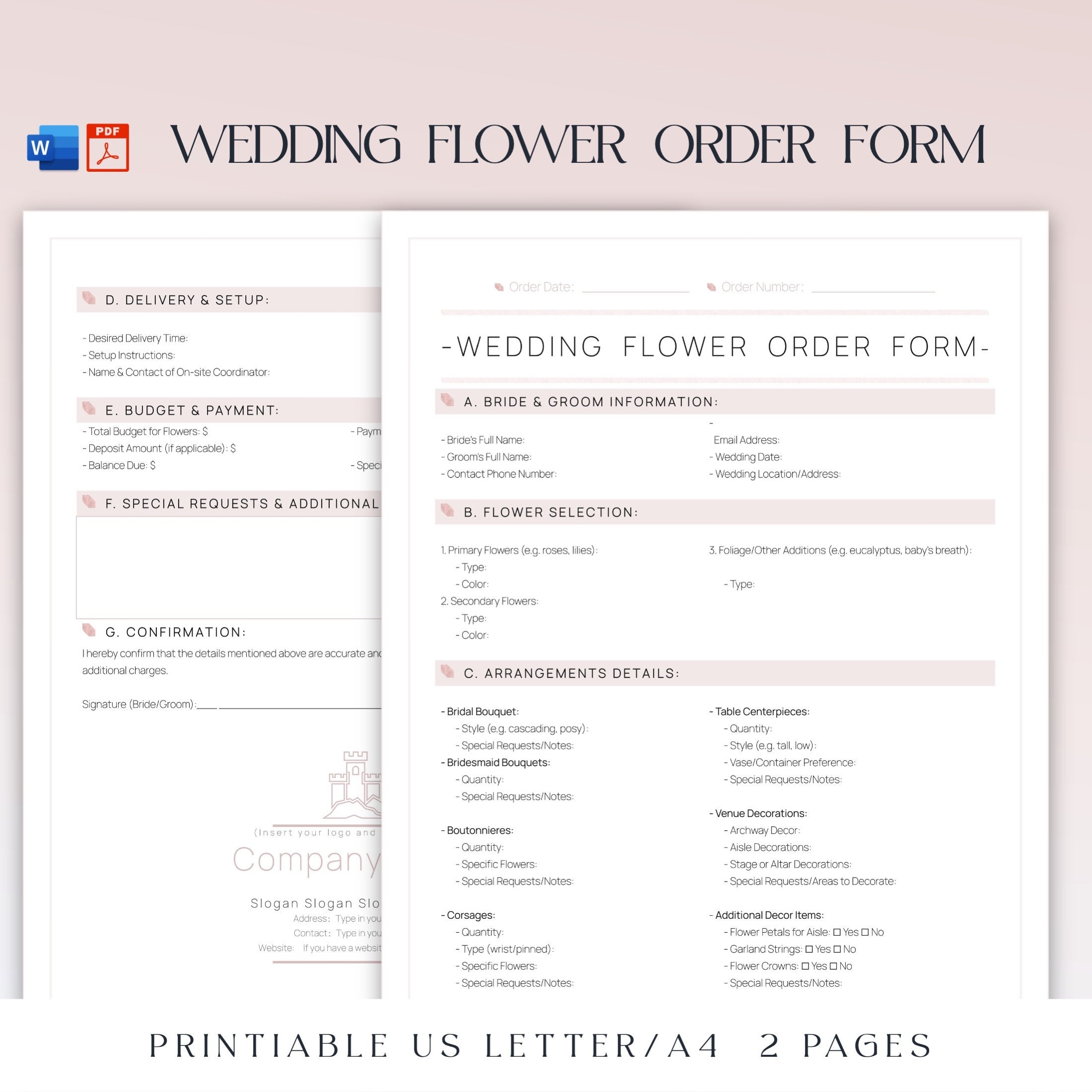 Florist Wedding Order Form Template