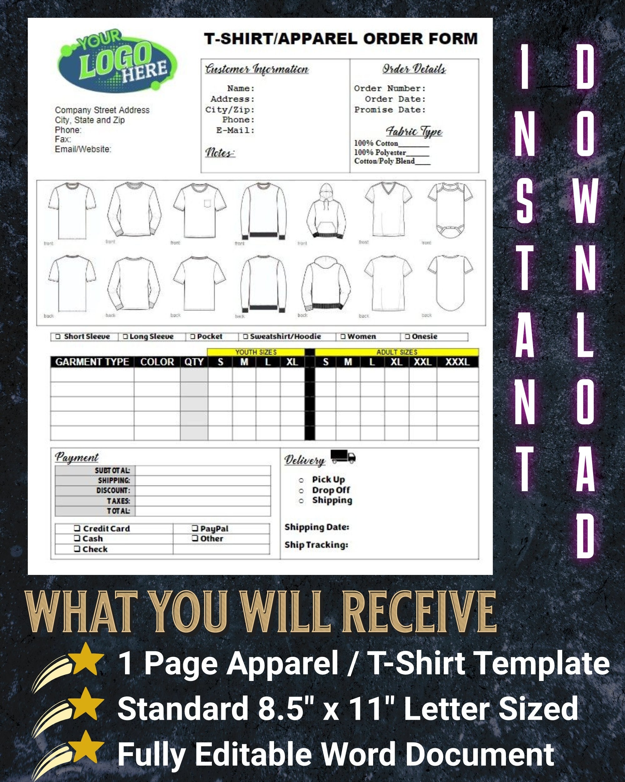 Professional Apparel T shirt Order Form Digital Download Editable Apparel T shirt Order Template Microsoft Word General Apparel Order Form Etsy