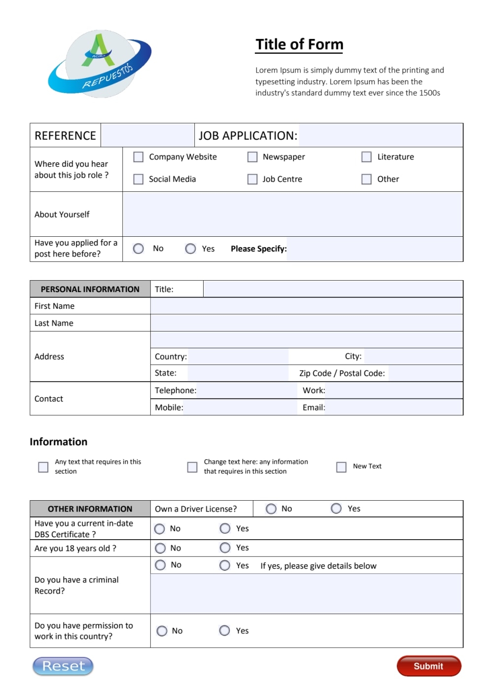 Fillable Form In Word Template