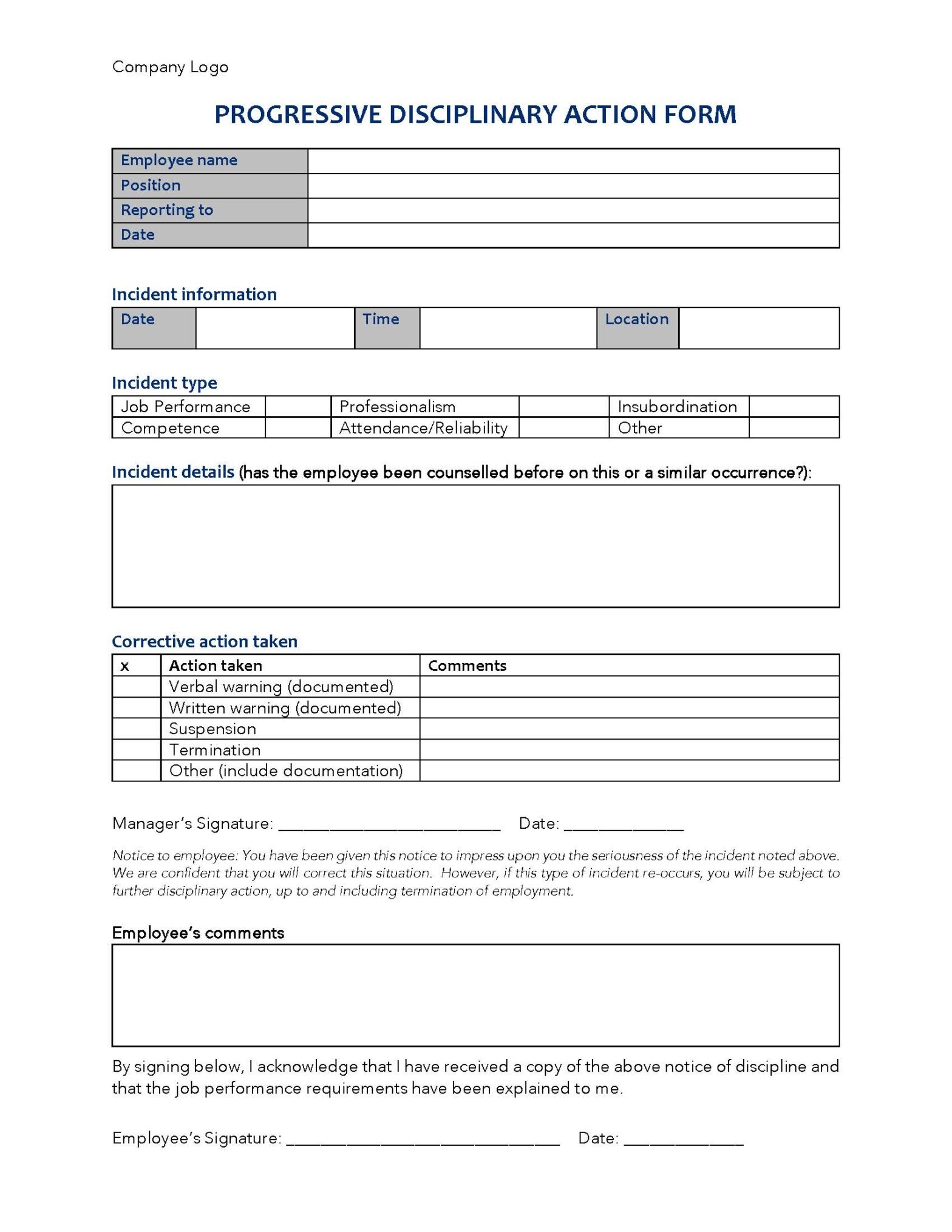 Progressive Disciplinary Action Form Template Go2HR Resources