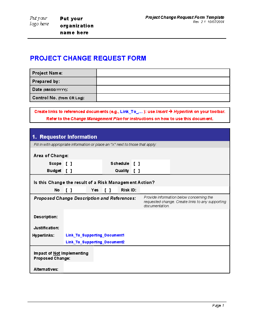 Sample Change Request Form Template