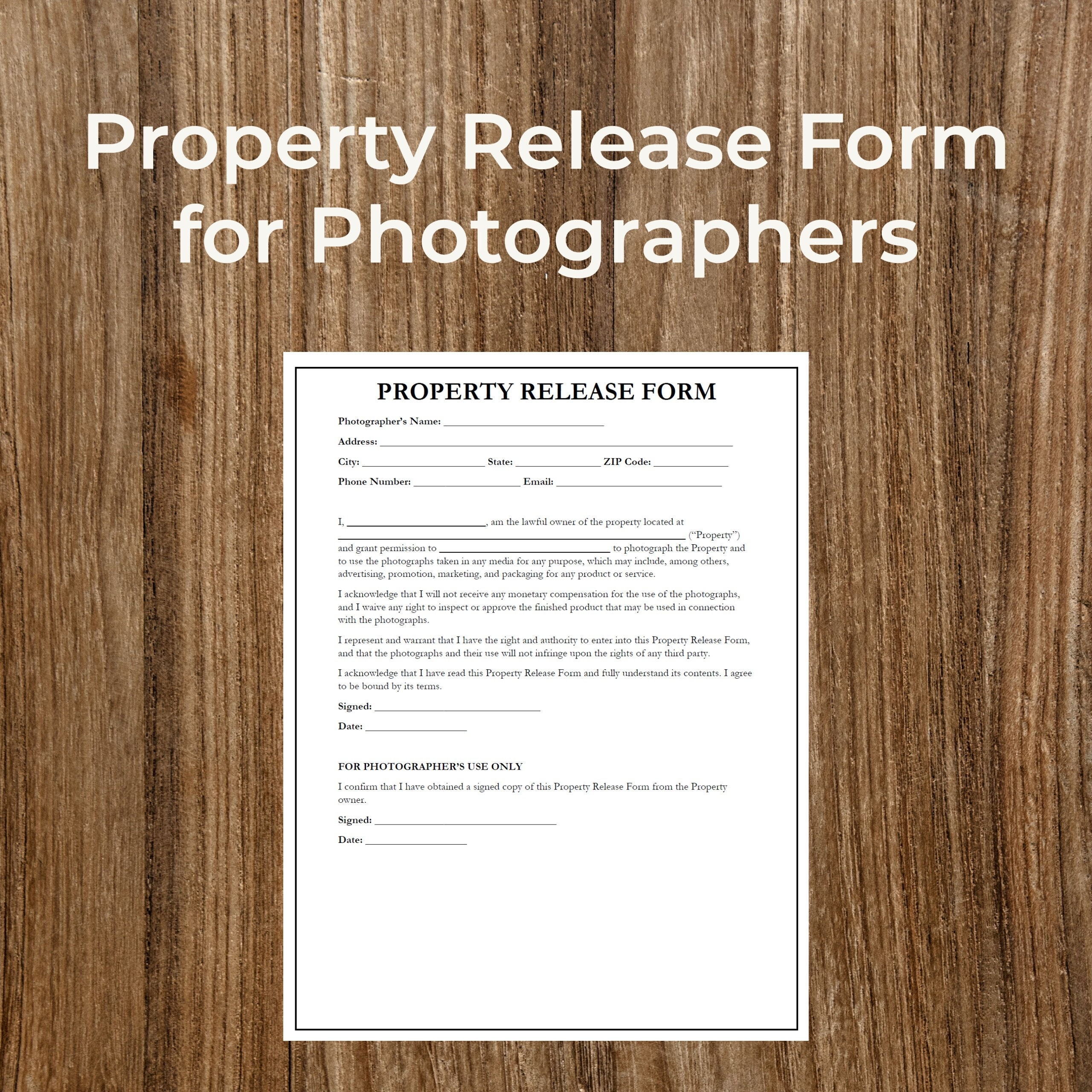 Property Release Form For Photographers Printable Fillable PDF Digital Download Customizable Editable Professional Business Etsy