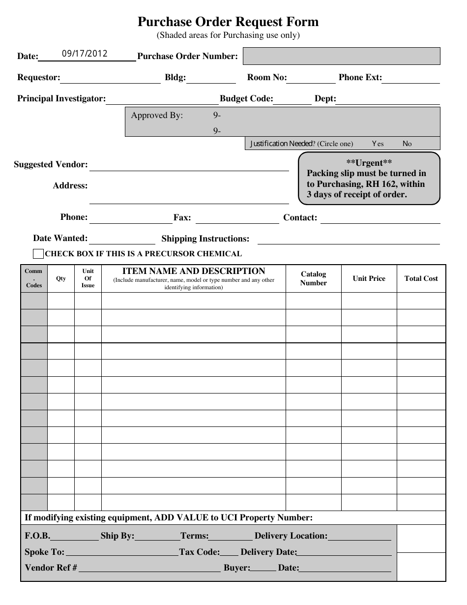 Purchase Order Request Form Shaded Areas For Purchasing Use Only Fill Out Sign Online And Download PDF Templateroller
