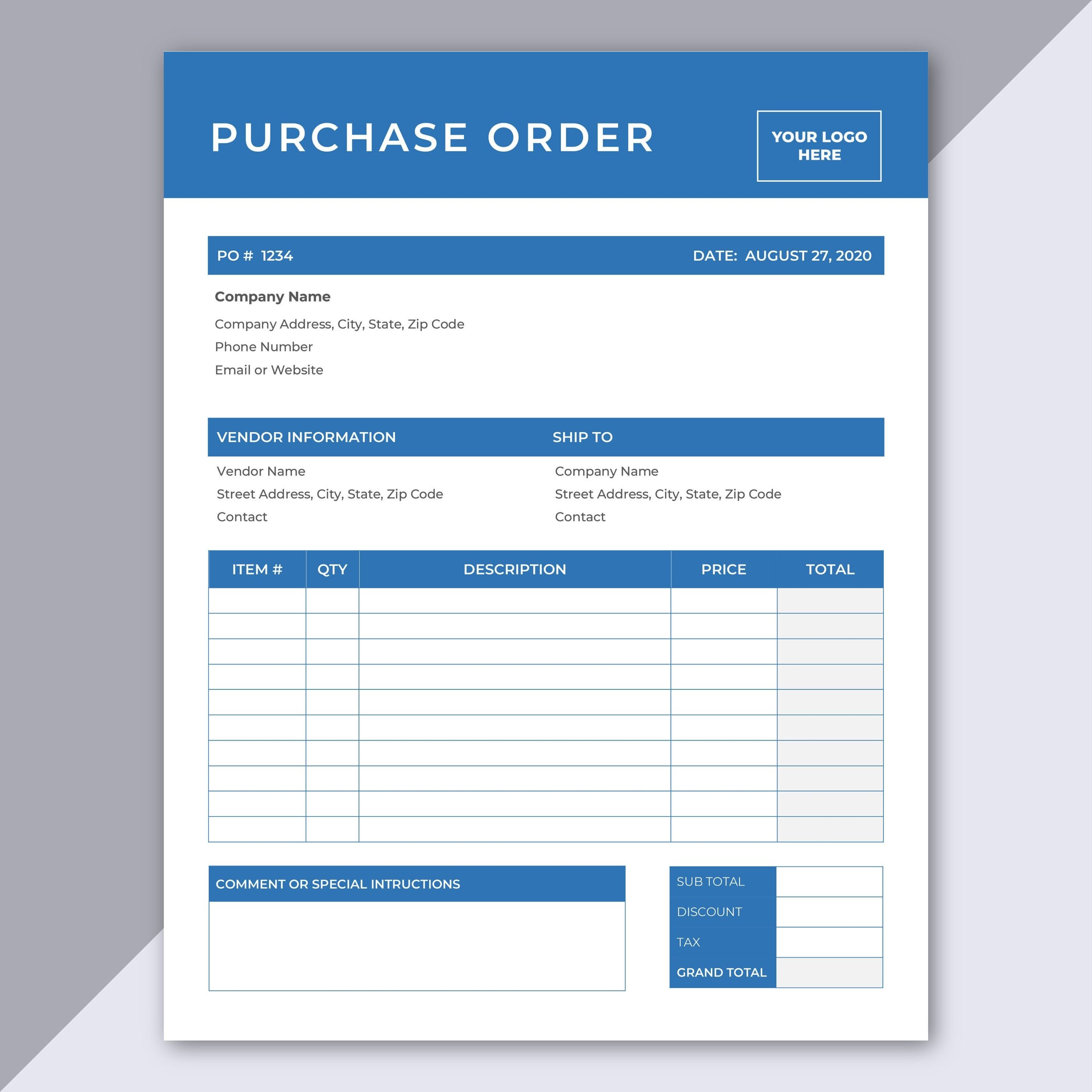 Purchase Order Template Editable Microsoft Word Template Professional Business Form Order Sheet Digital Form US Letter U0026 A4 Size