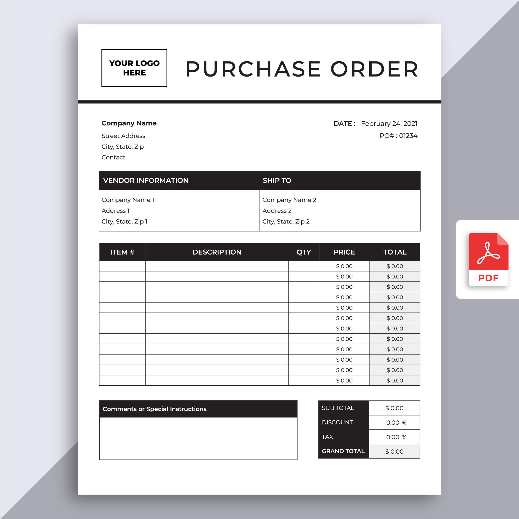 Purchase Order Template Fillable PDF Editable Professional 