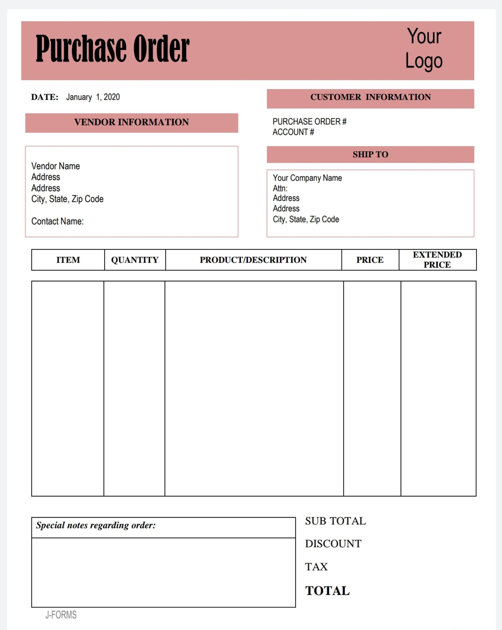 Supplier Order Form Template