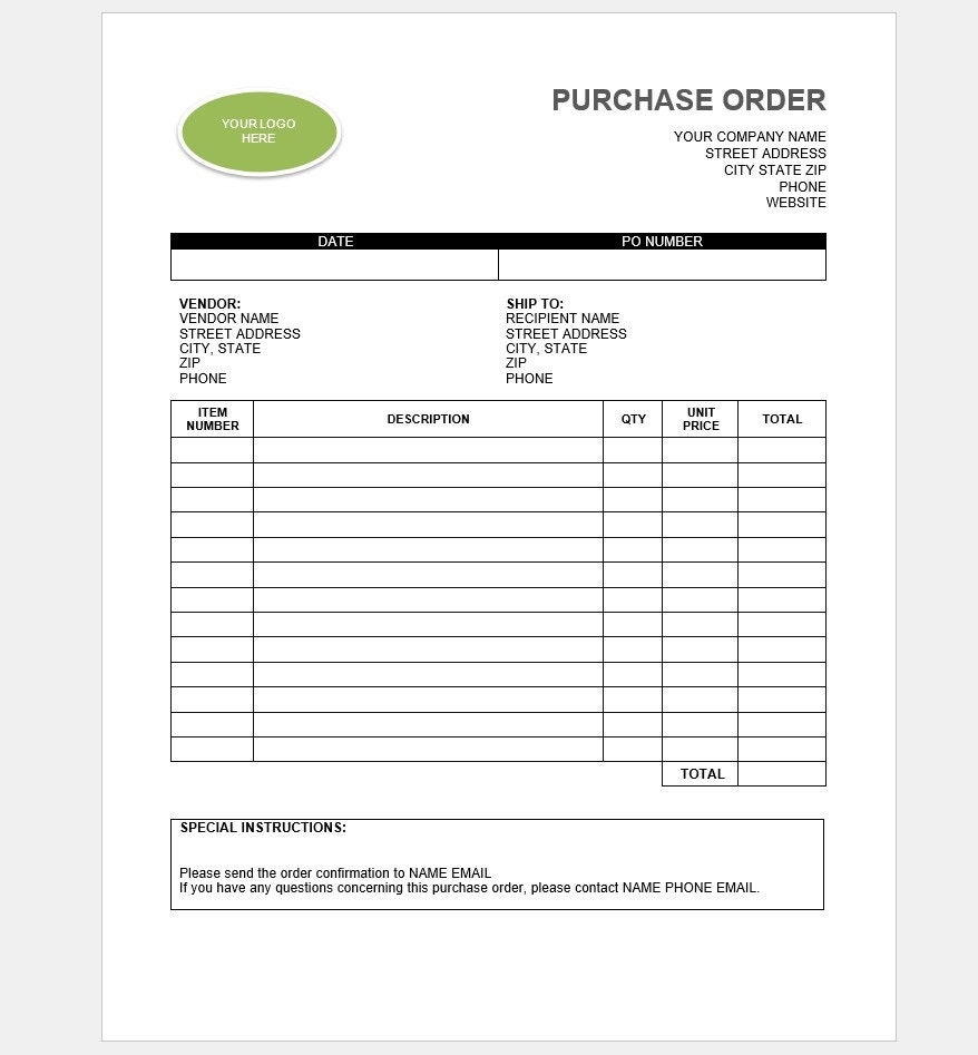 Purchase Order Template Purchase Order Printable Small Business Form Downloadable Order Form Etsy