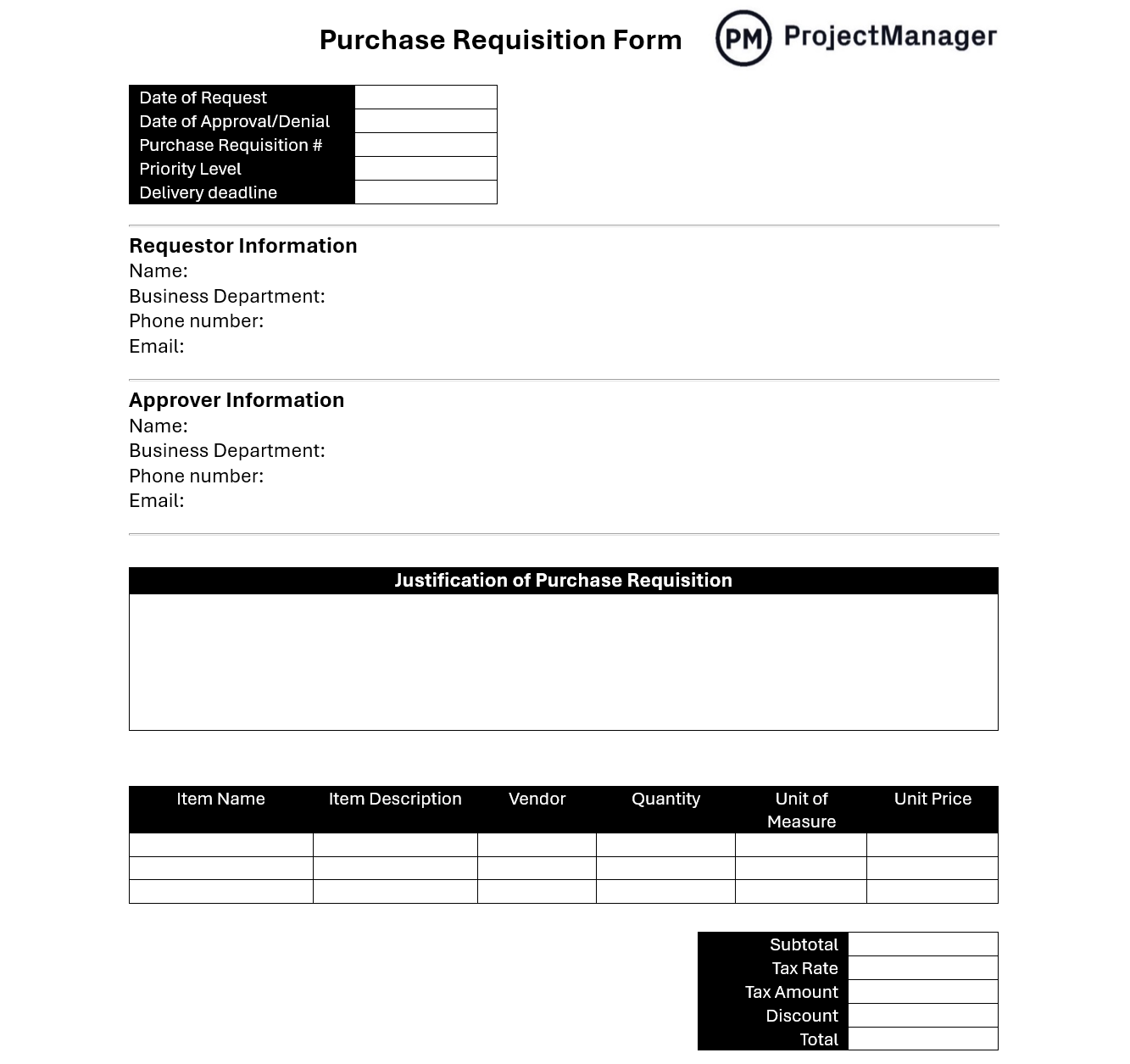 Purchase Requisition Form Template