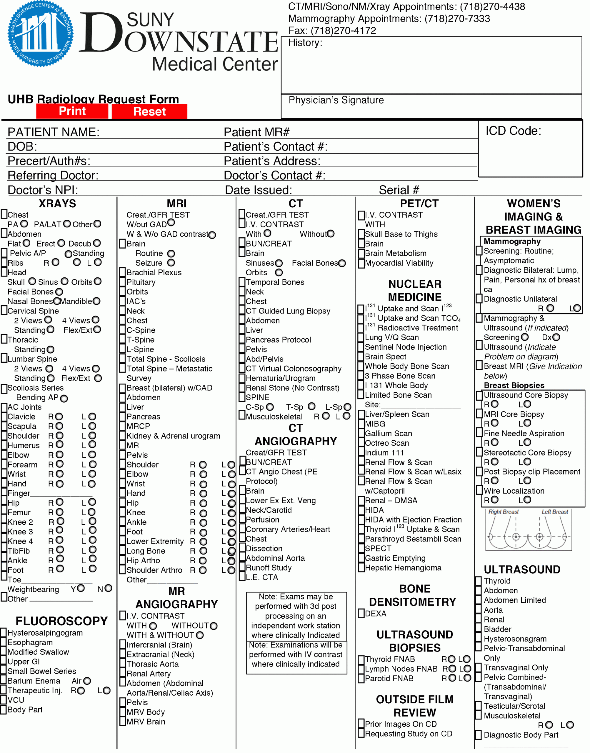 Radiology Request Form For Referring Physicians Department Of Radiology SUNY Downstate