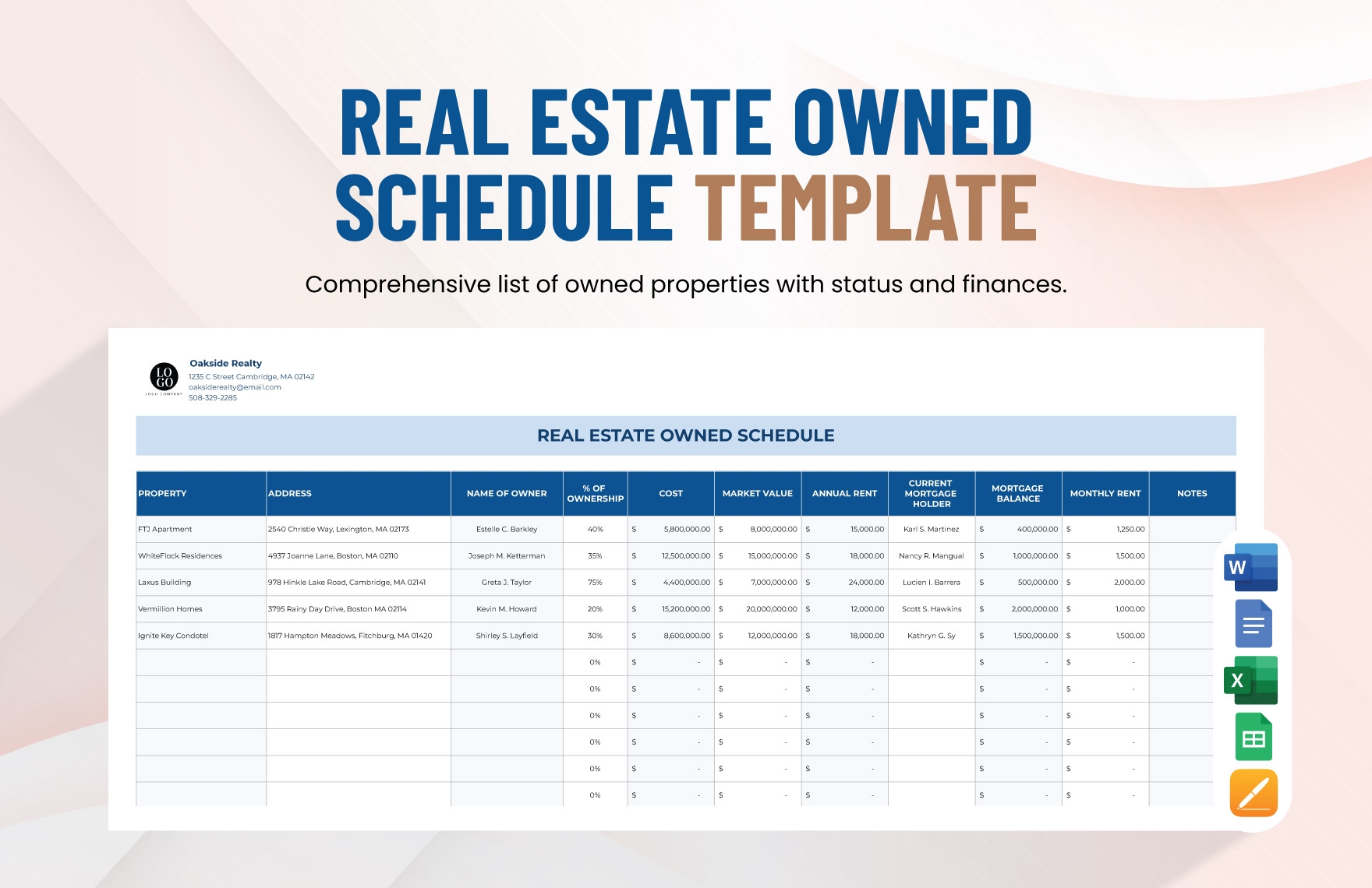 Real Estate Owned Schedule Template In Word Google Docs Apple Pages Excel Google Sheets Download Template
