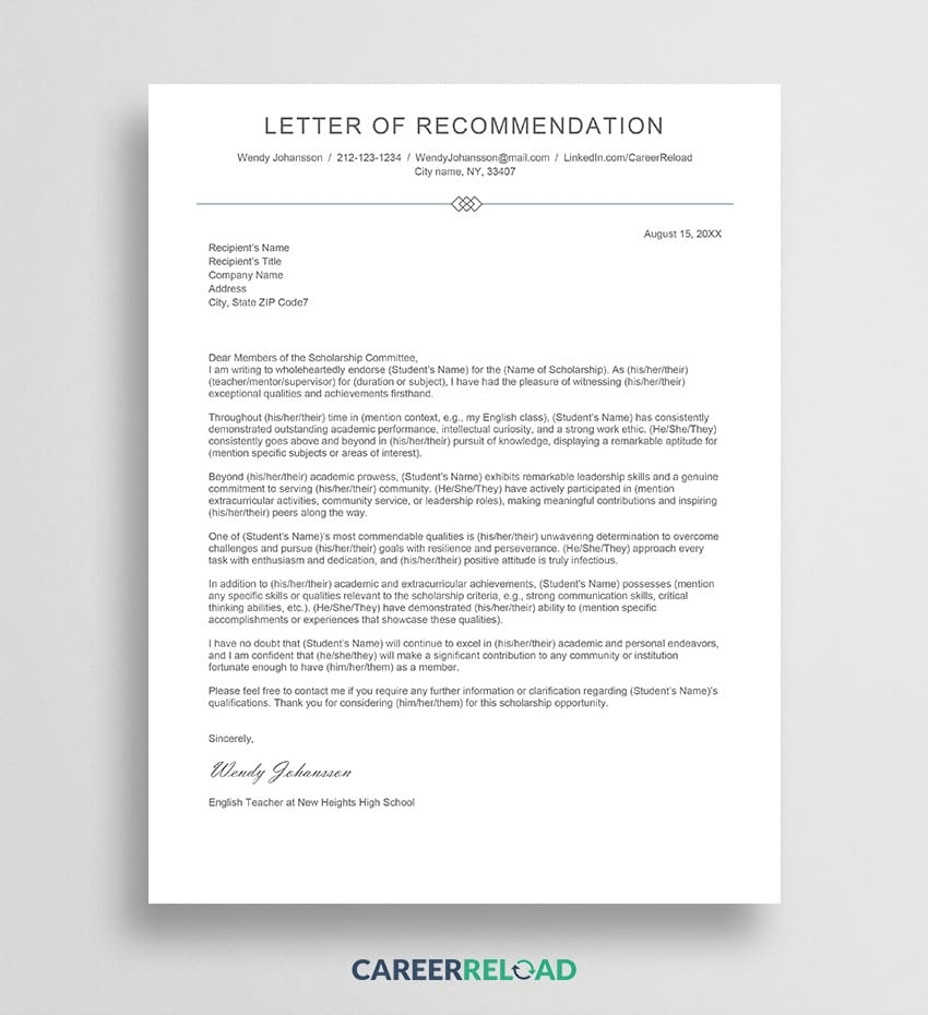Recommendation Letter Examples Templates