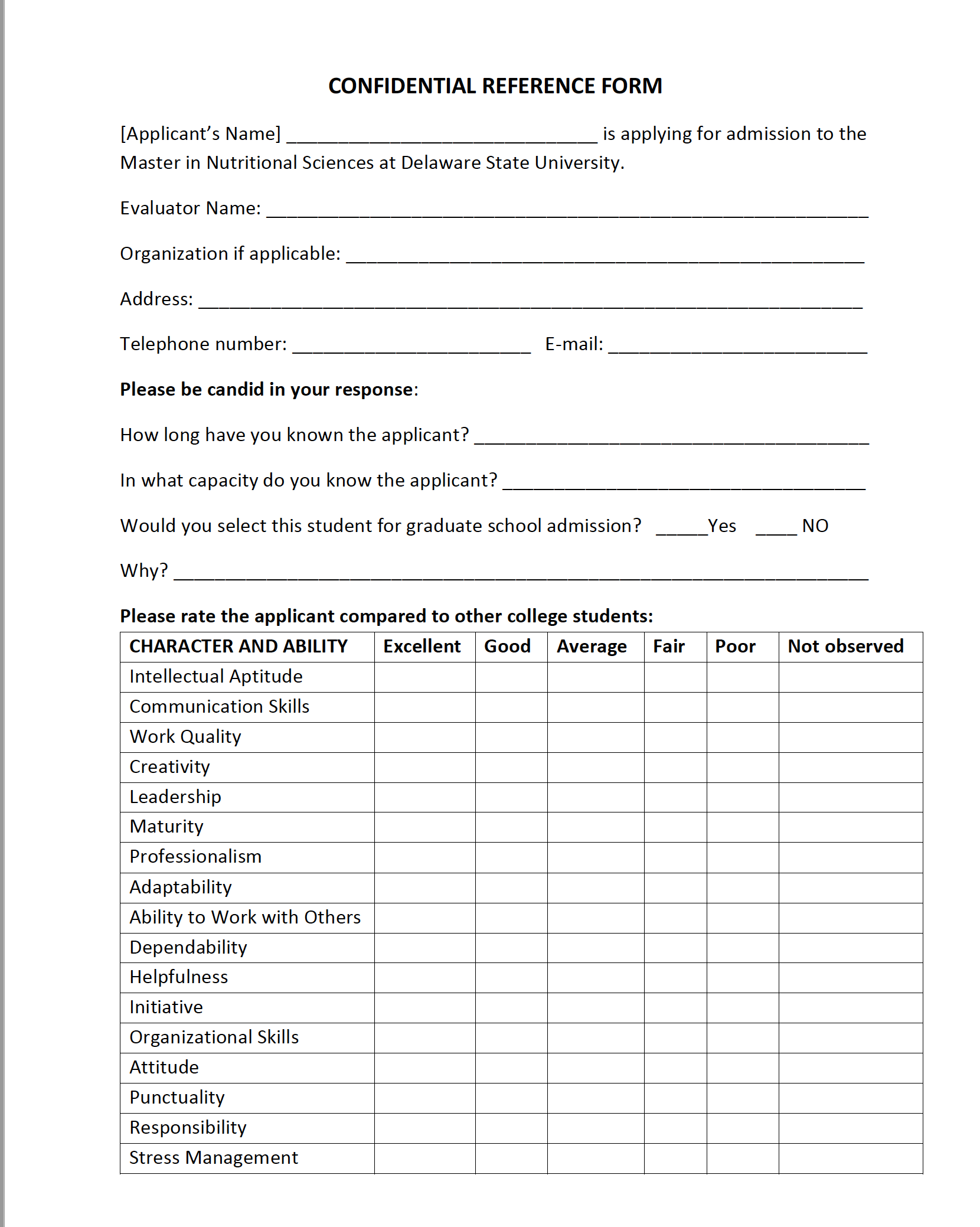 Reference Form Template DSU College Of Agriculture Science U0026 Technology