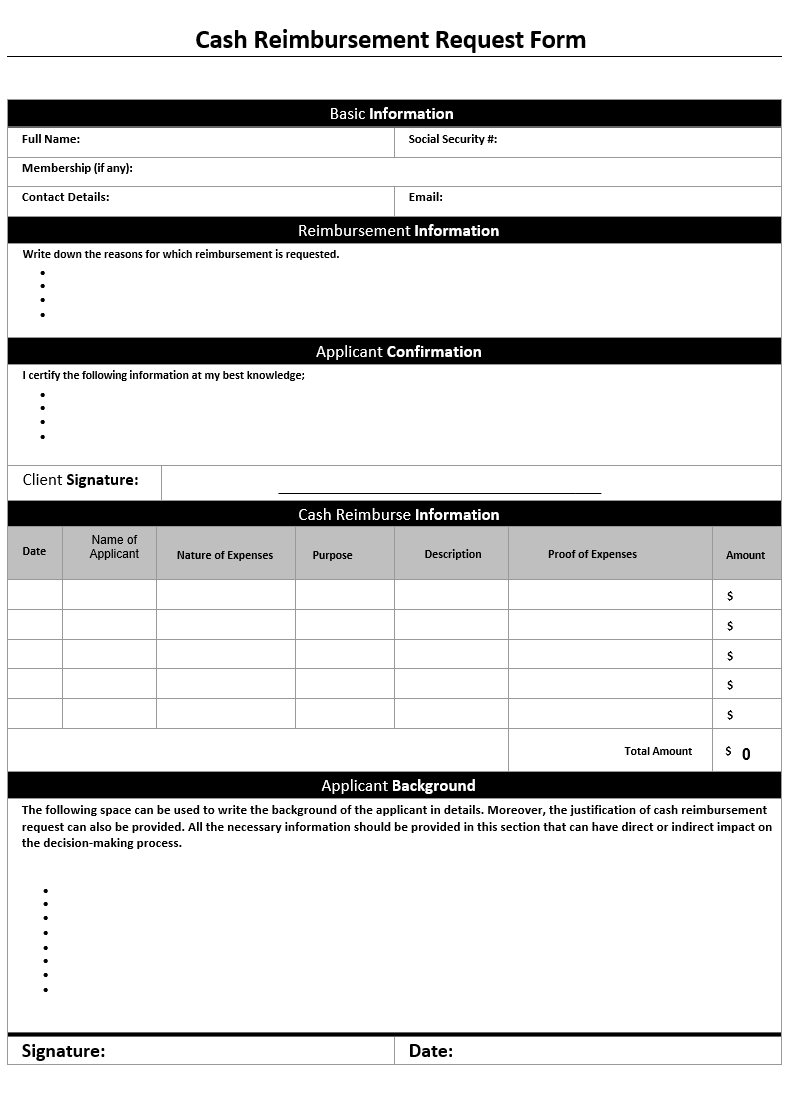 Reimbursement Request Form Free Word Templates