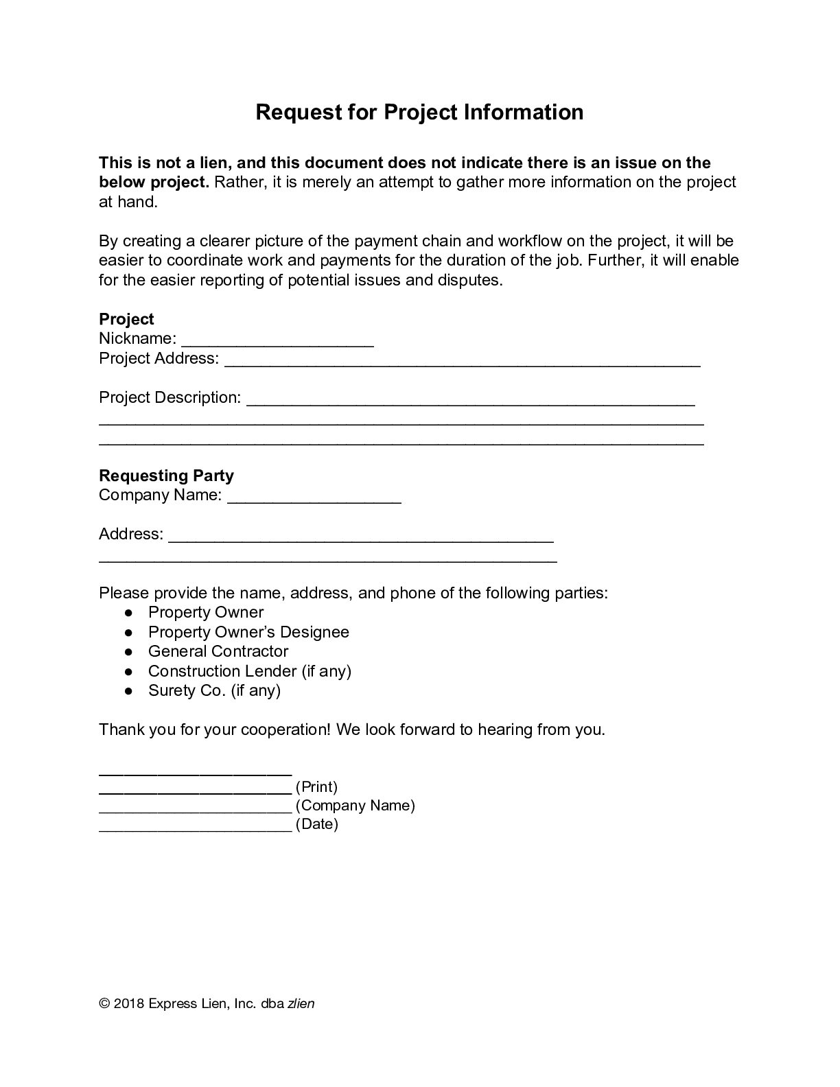 Request For Project Information Form Free Template