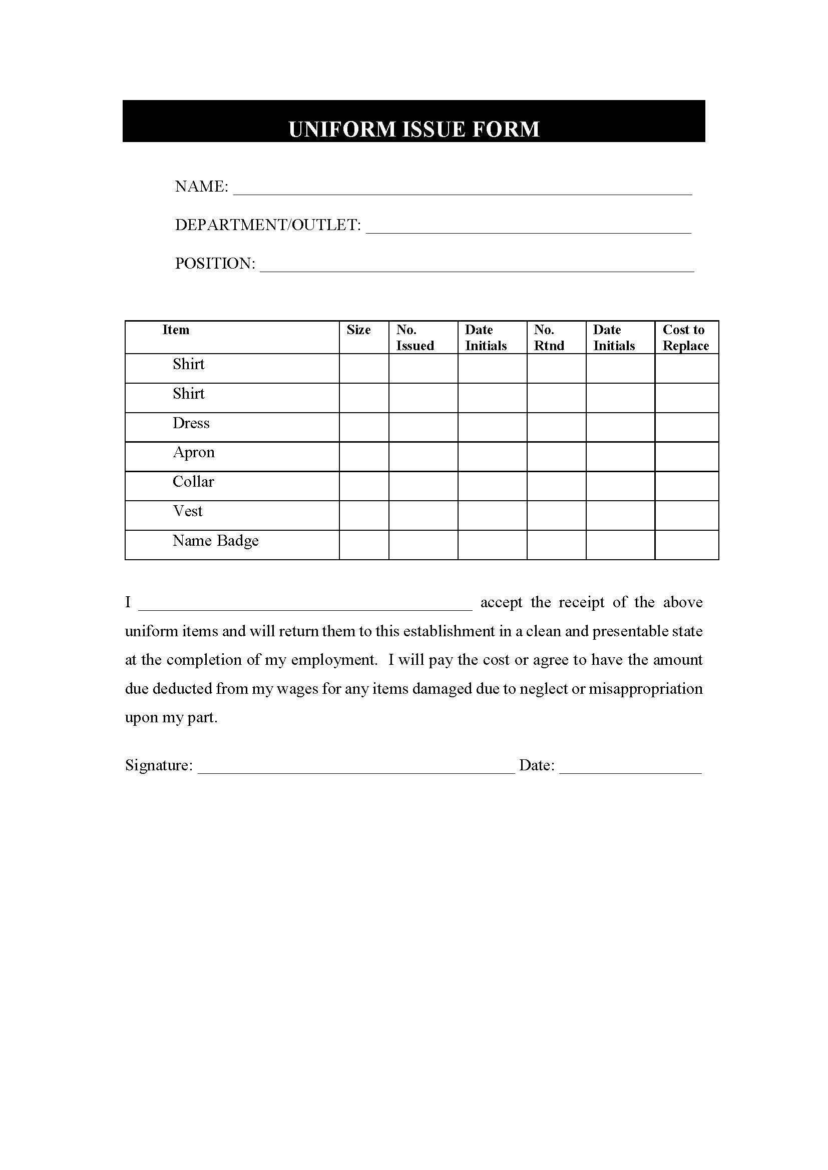 Restaurant Employee Uniform Issue Form 